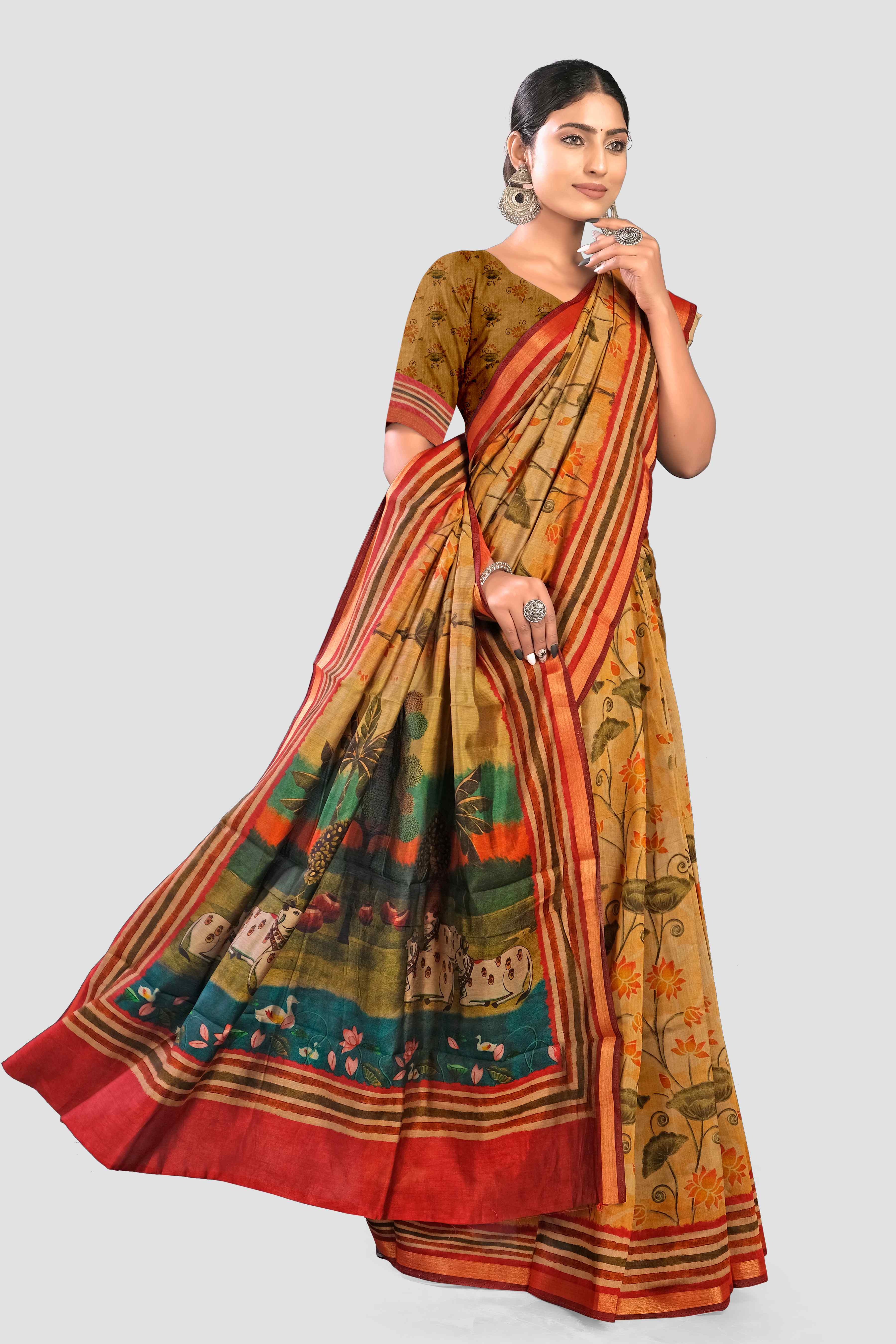 Cream Kalamkari print Cotton Saree 