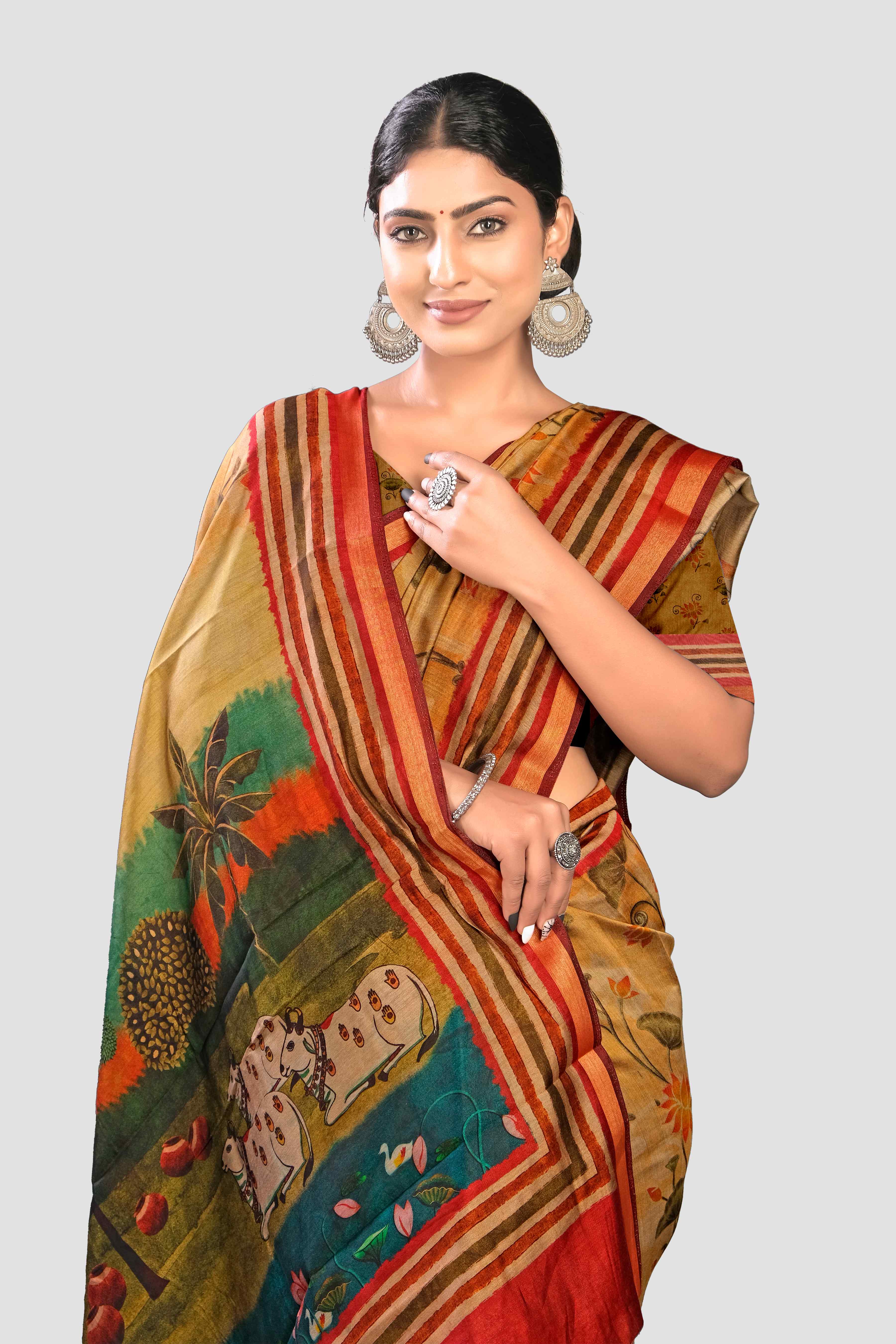 Cream Kalamkari print Cotton Saree 