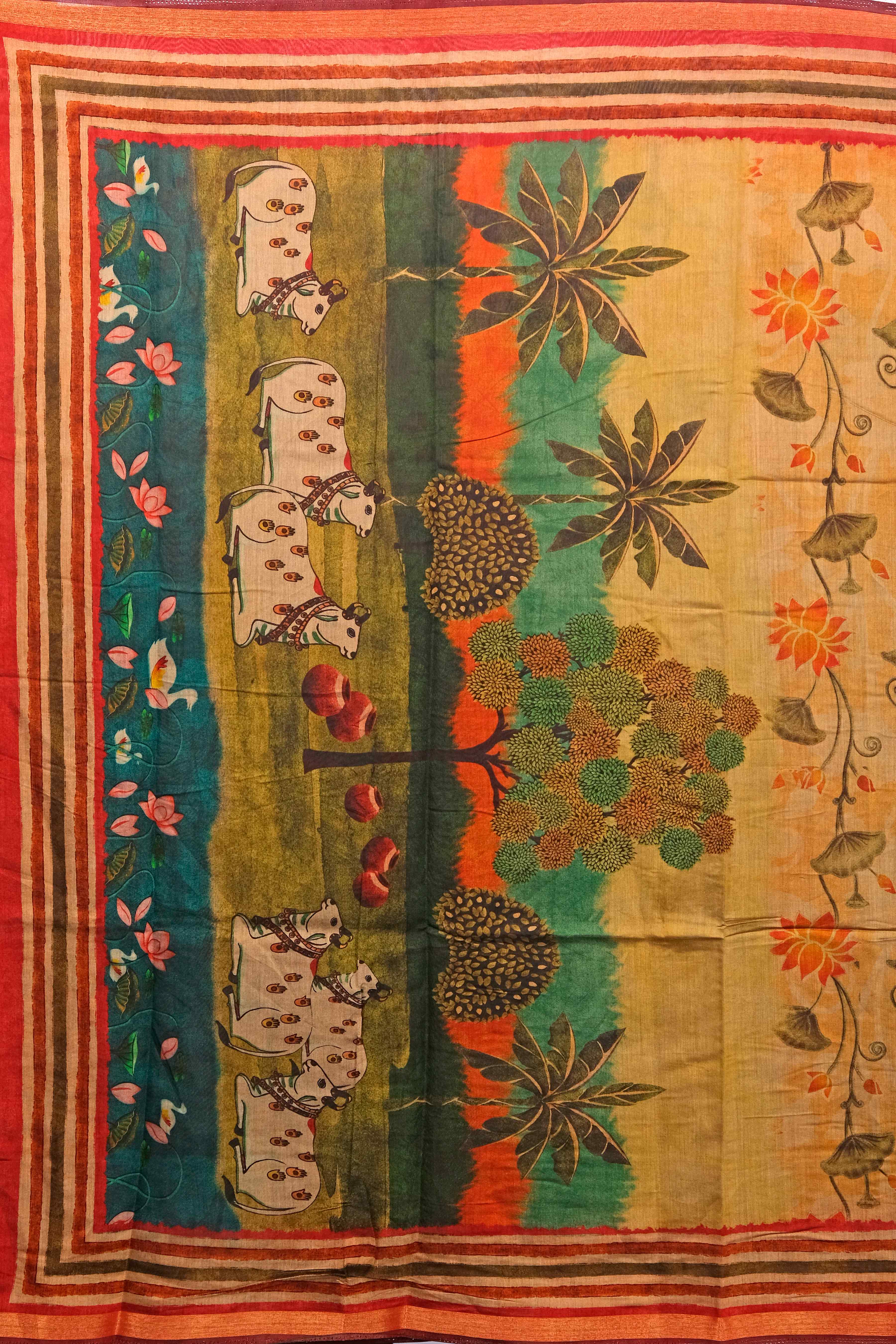 Cream Kalamkari print Cotton Saree 