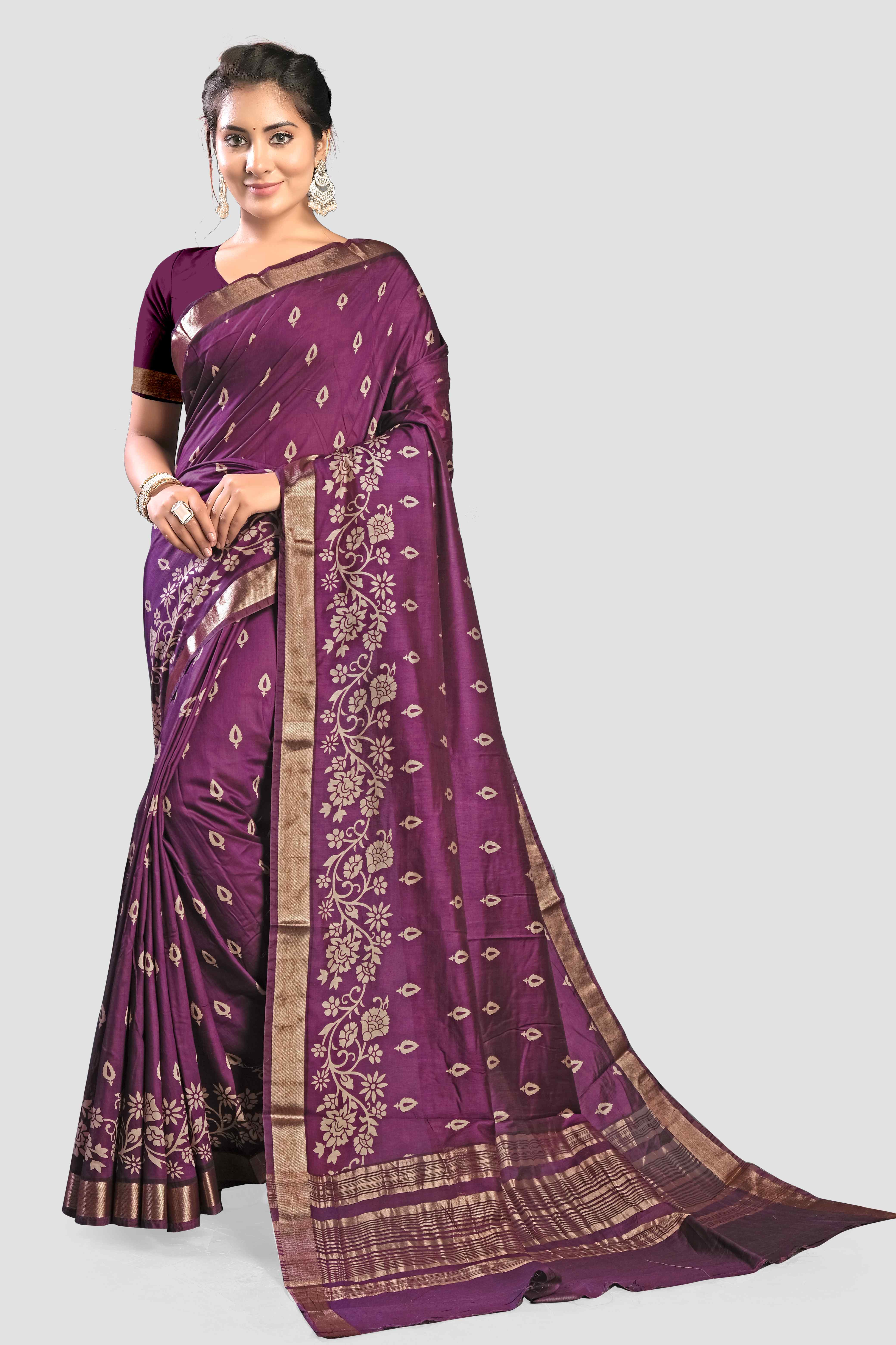 Purple Threadwork Cotton Saree - KAJREE