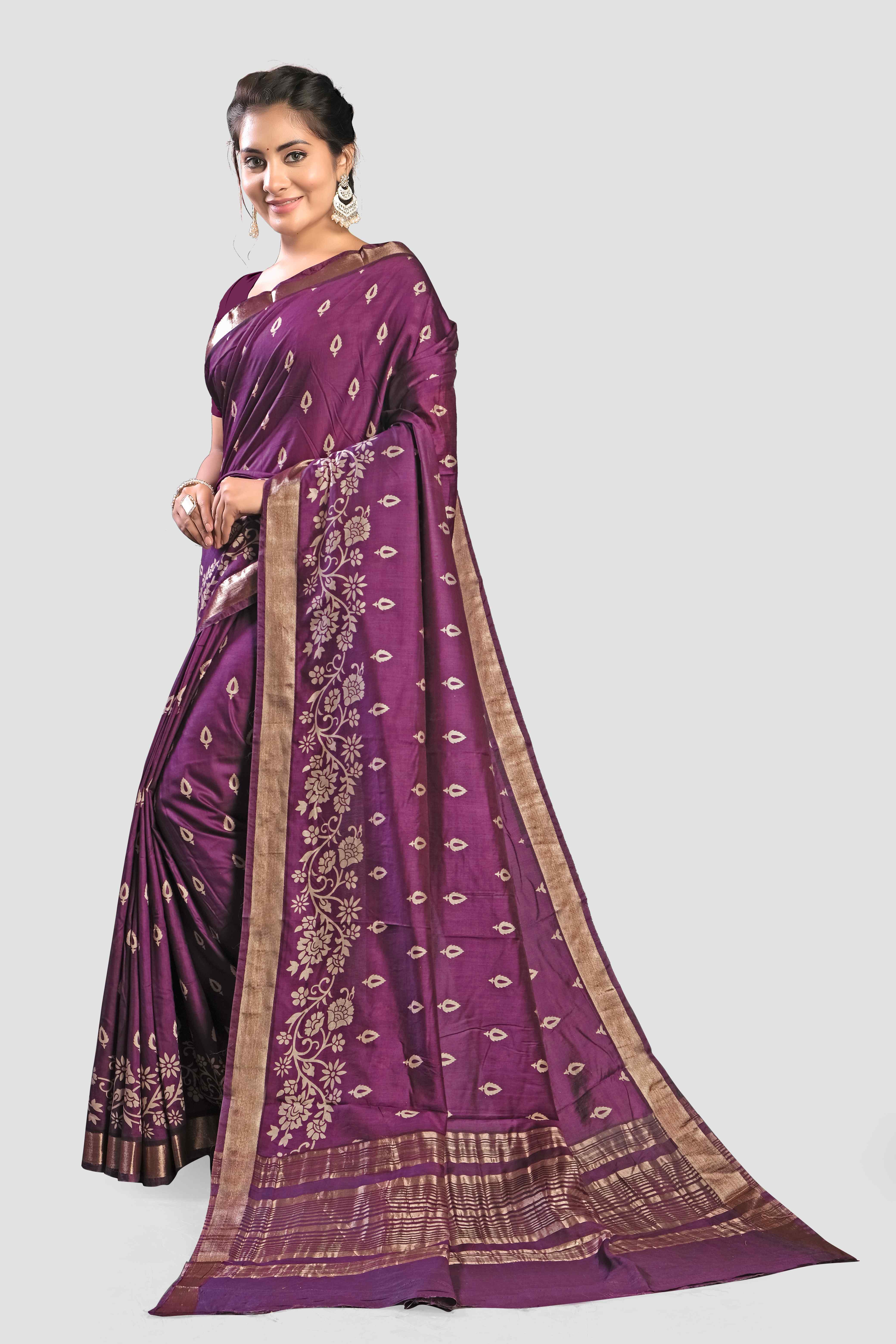 Purple Threadwork Cotton Saree - KAJREE
