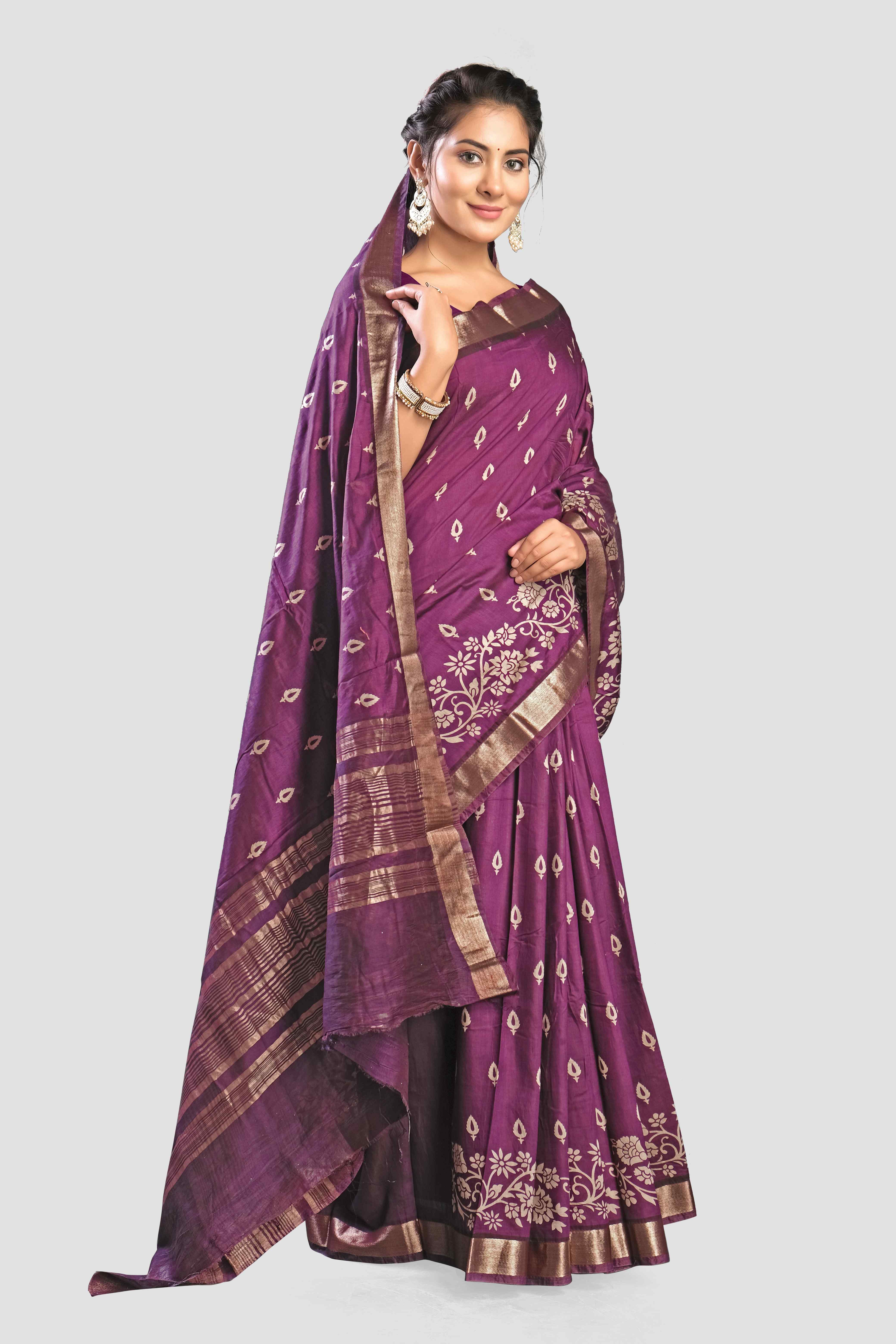 Purple Threadwork Cotton Saree - KAJREE
