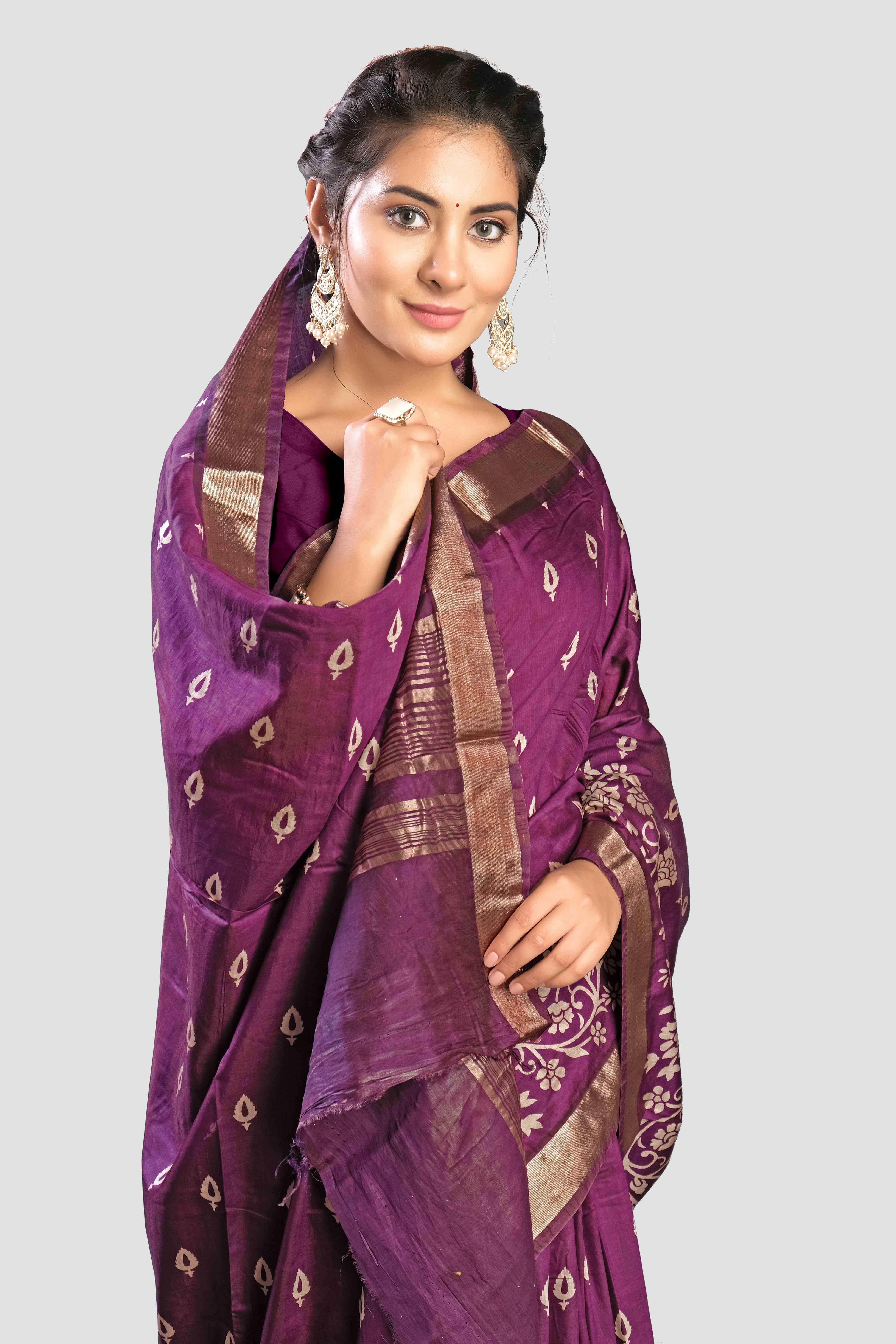 Purple Threadwork Cotton Saree - KAJREE