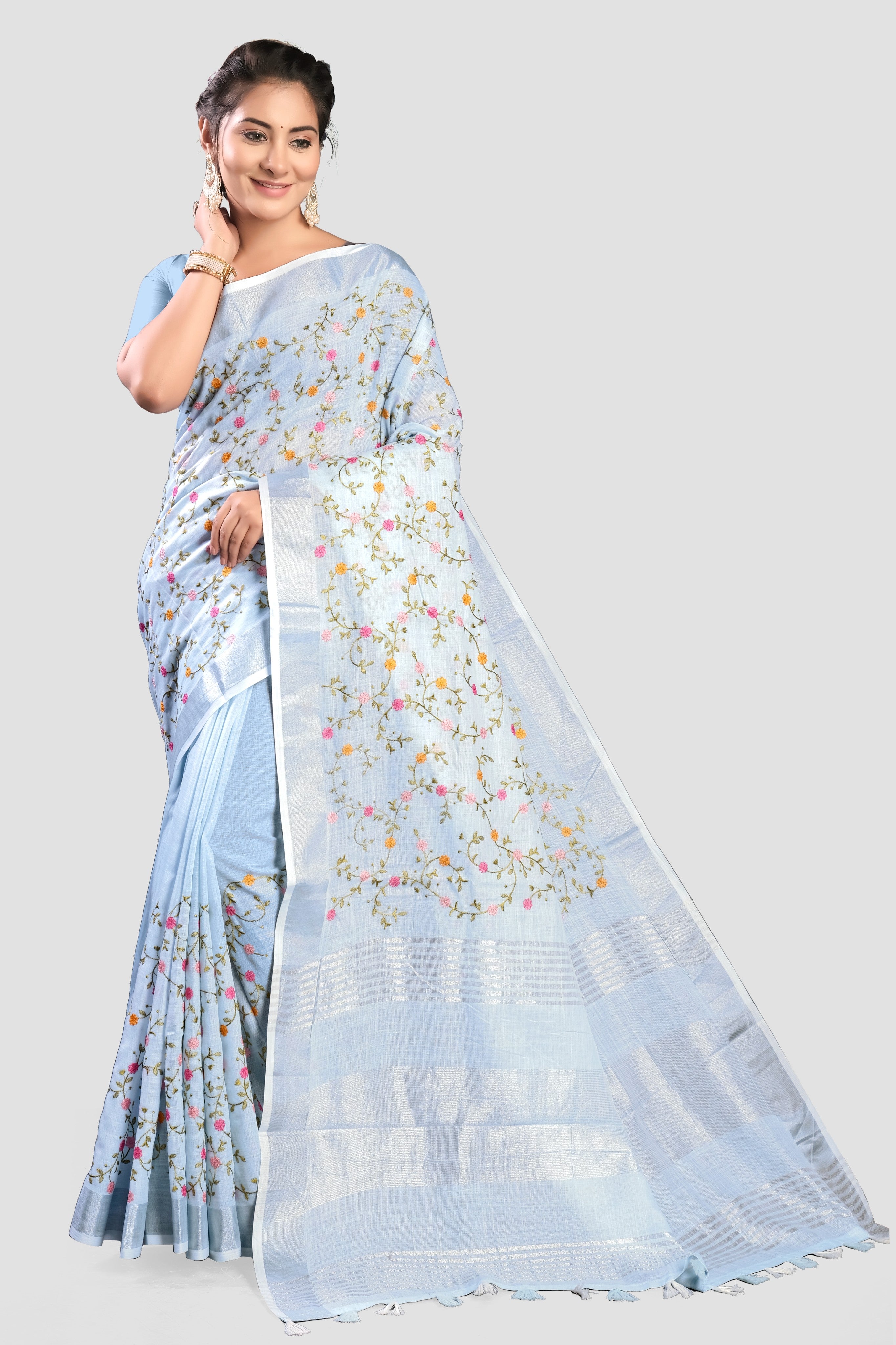 Sky Blue Threadwork Linen Saree - KAJREE