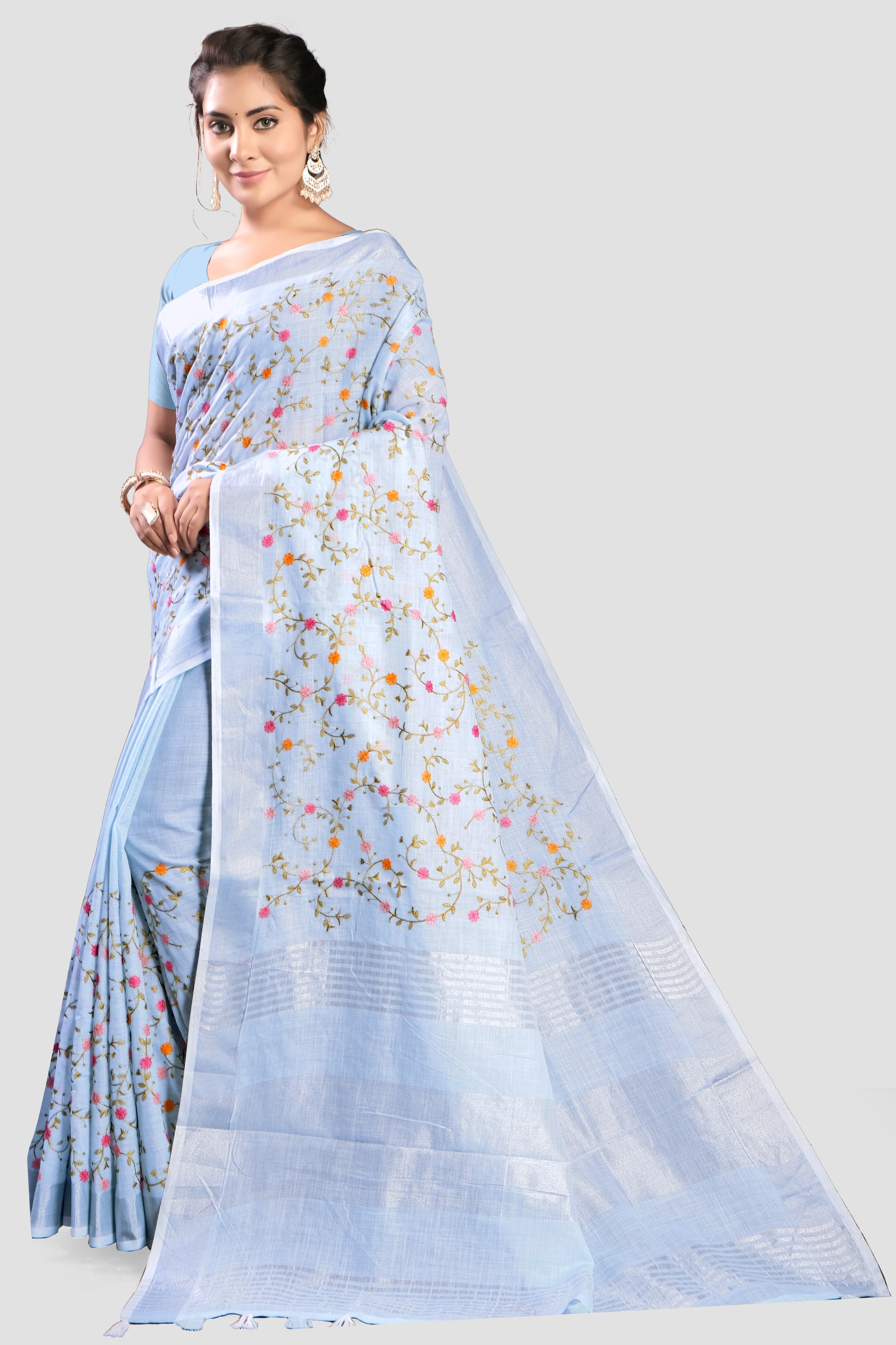 Sky Blue Threadwork Linen Saree - KAJREE