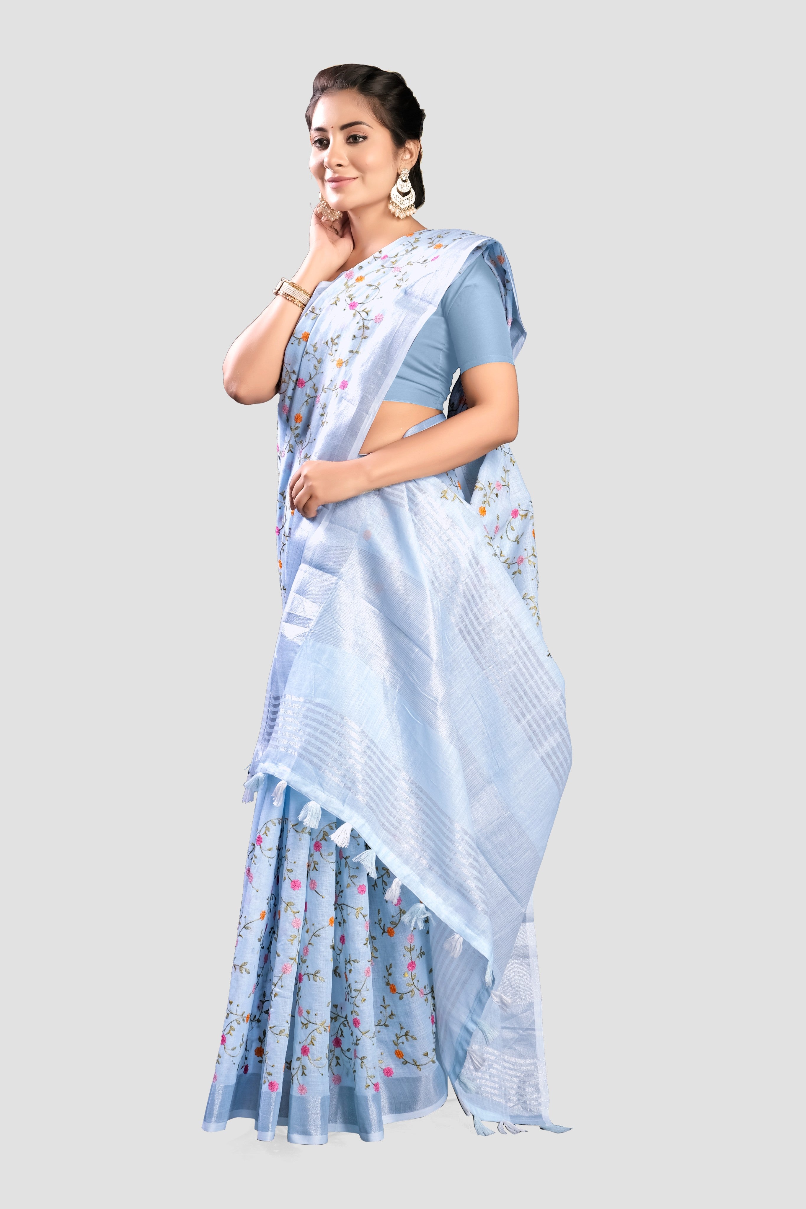 Sky Blue Threadwork Linen Saree - KAJREE