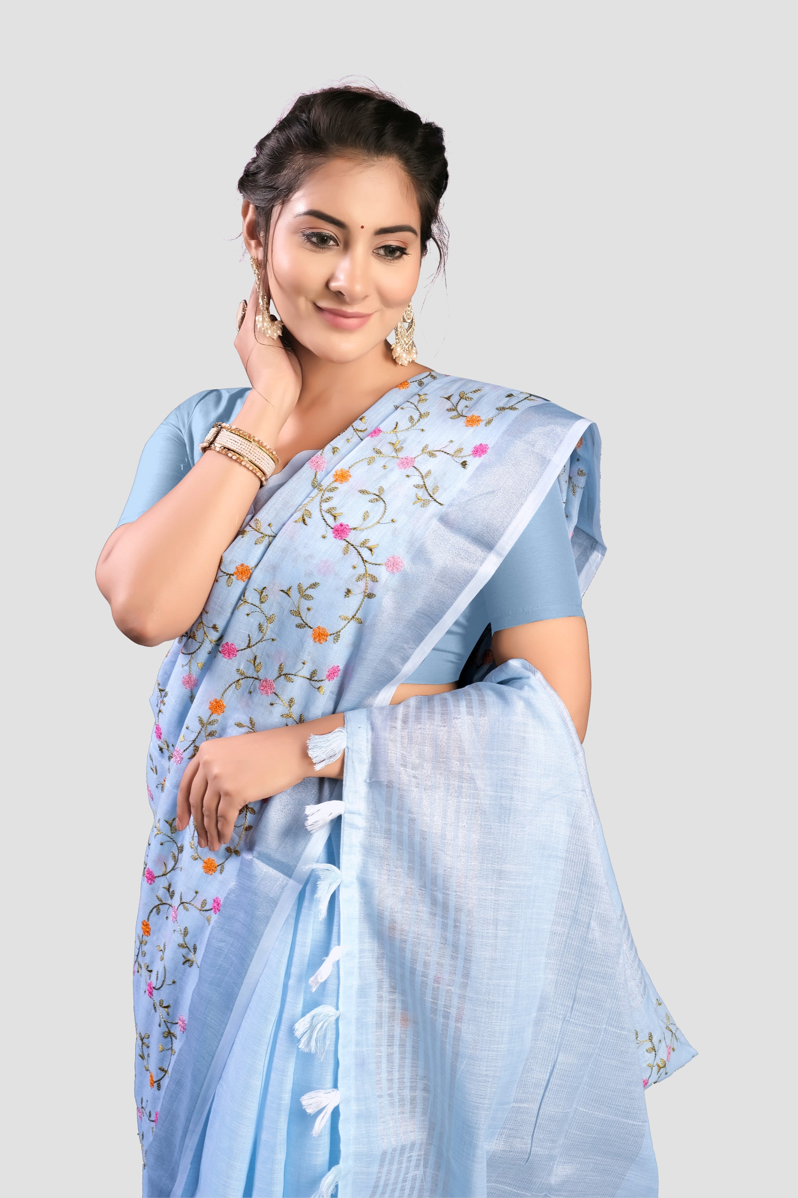 Sky Blue Threadwork Linen Saree - KAJREE