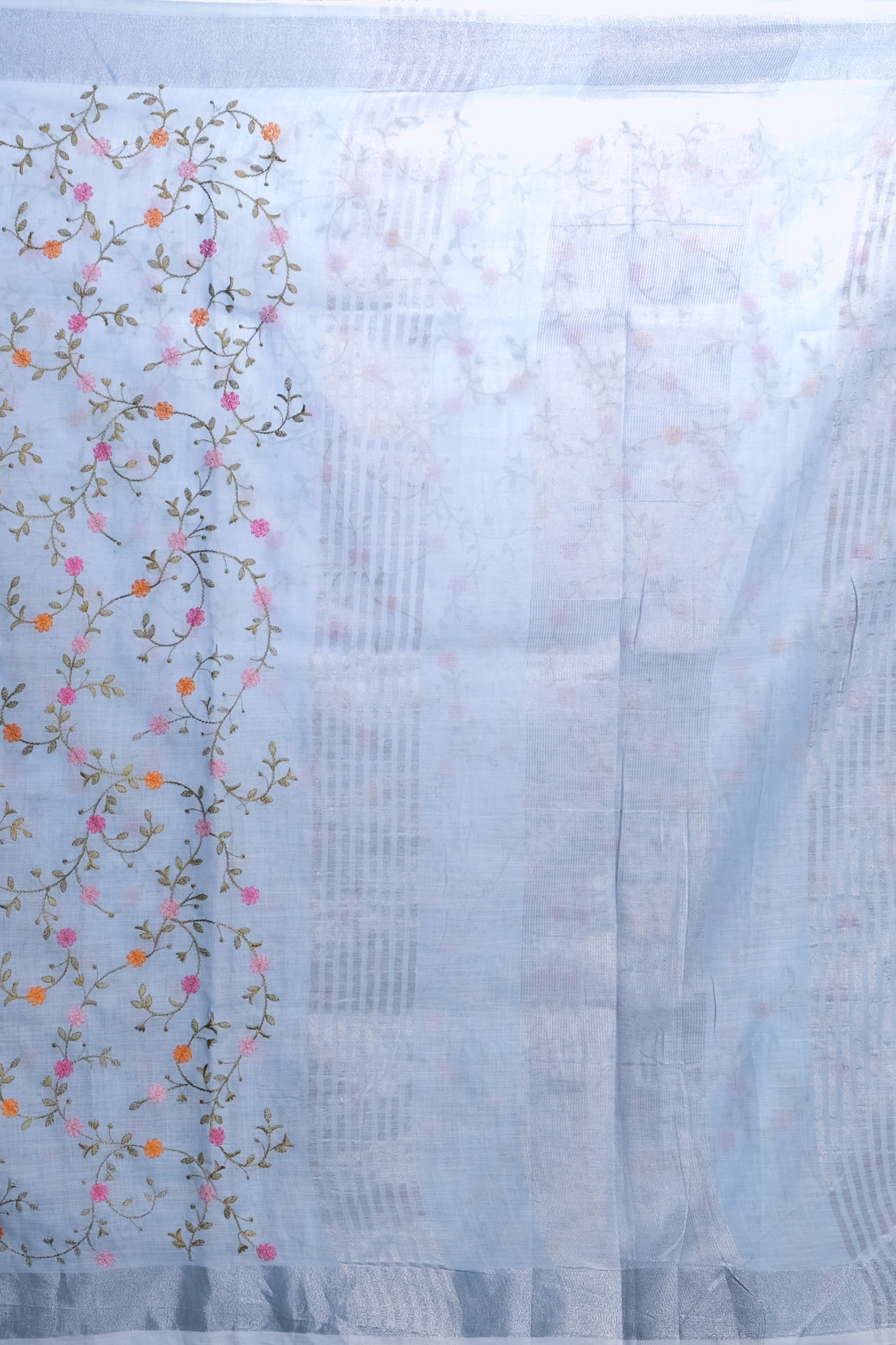 Sky Blue Threadwork Linen Saree - KAJREE