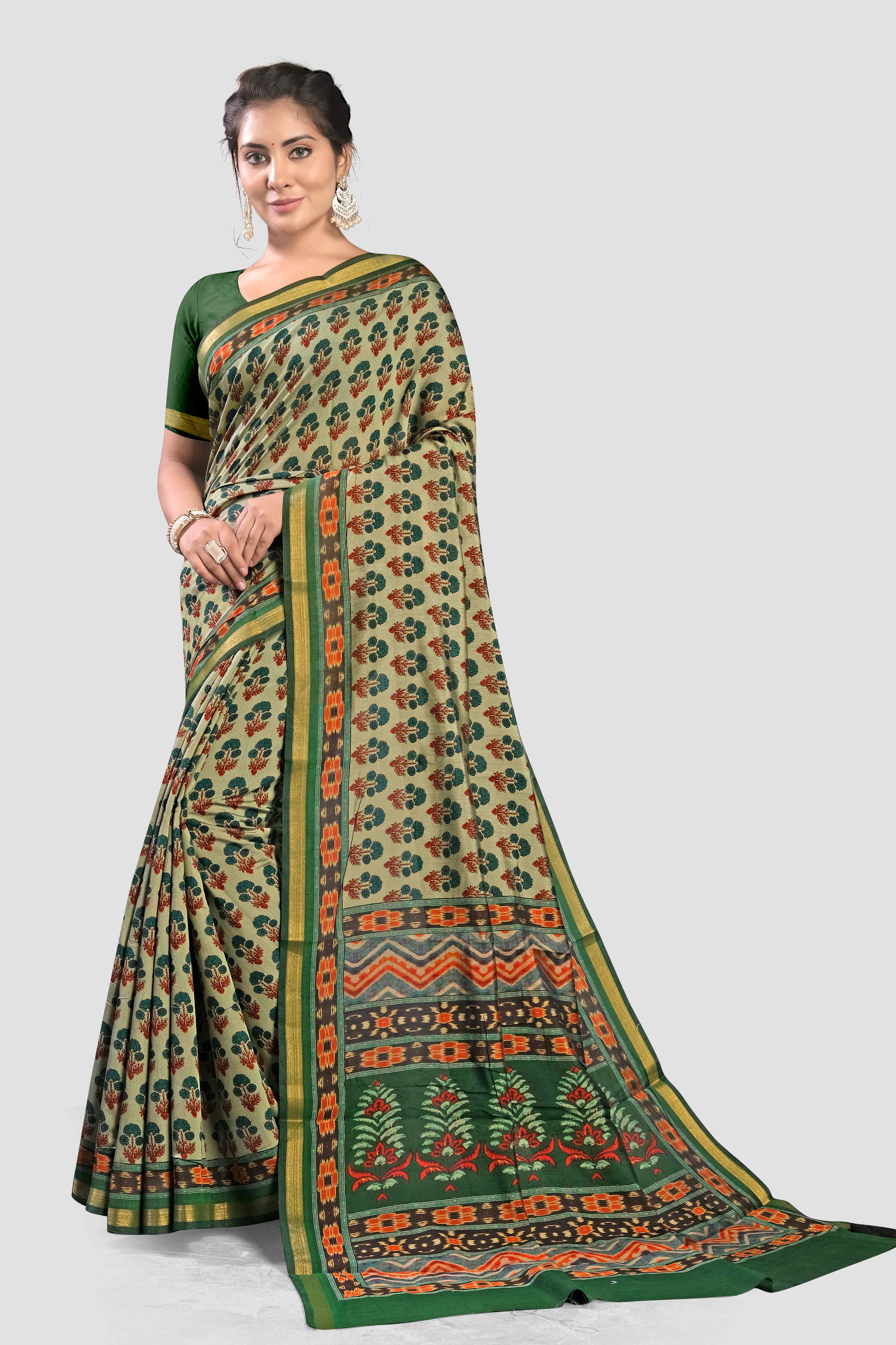 Grey Kalamkari print Cotton Saree 