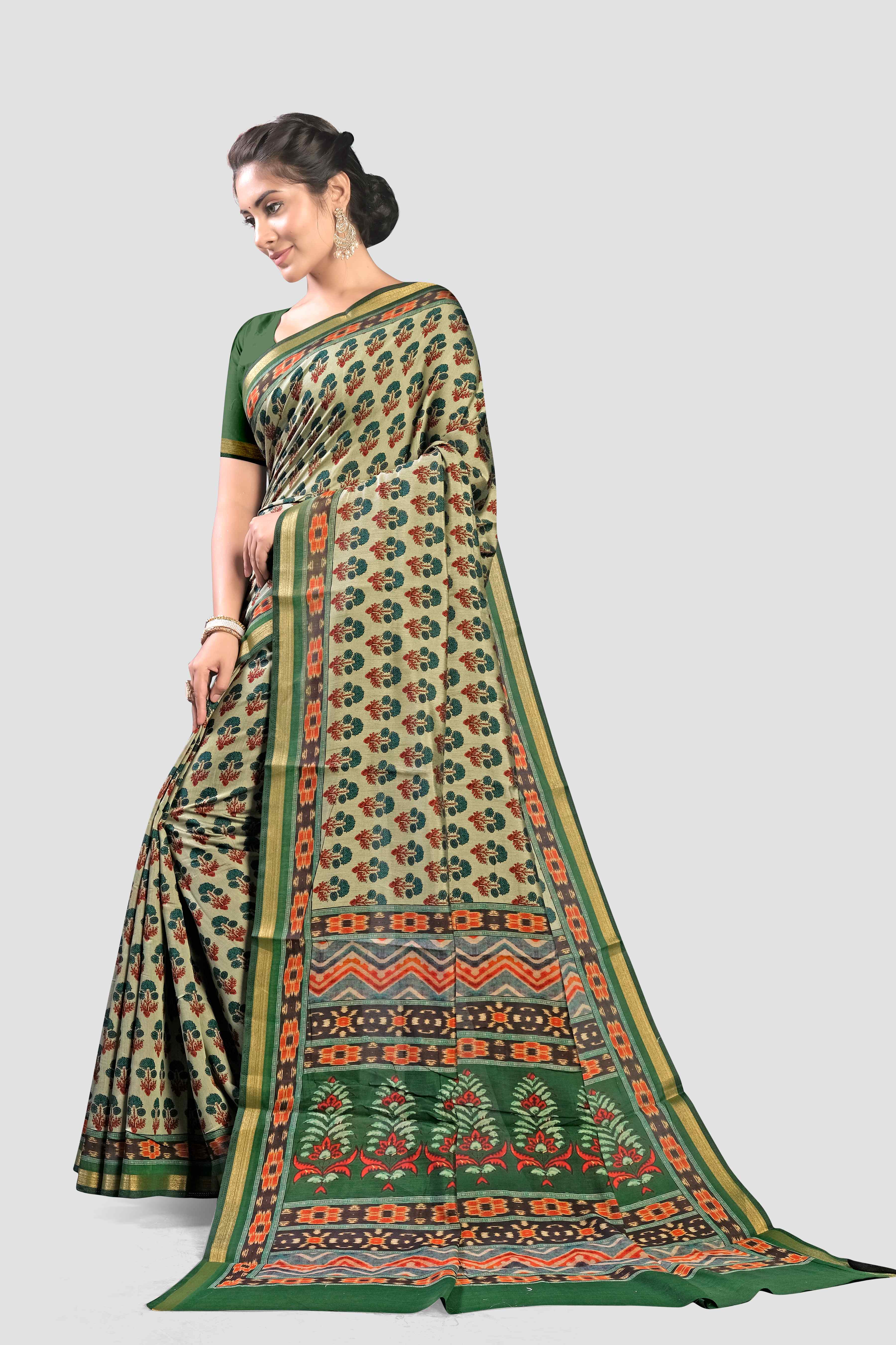 Grey Kalamkari print Cotton Saree 