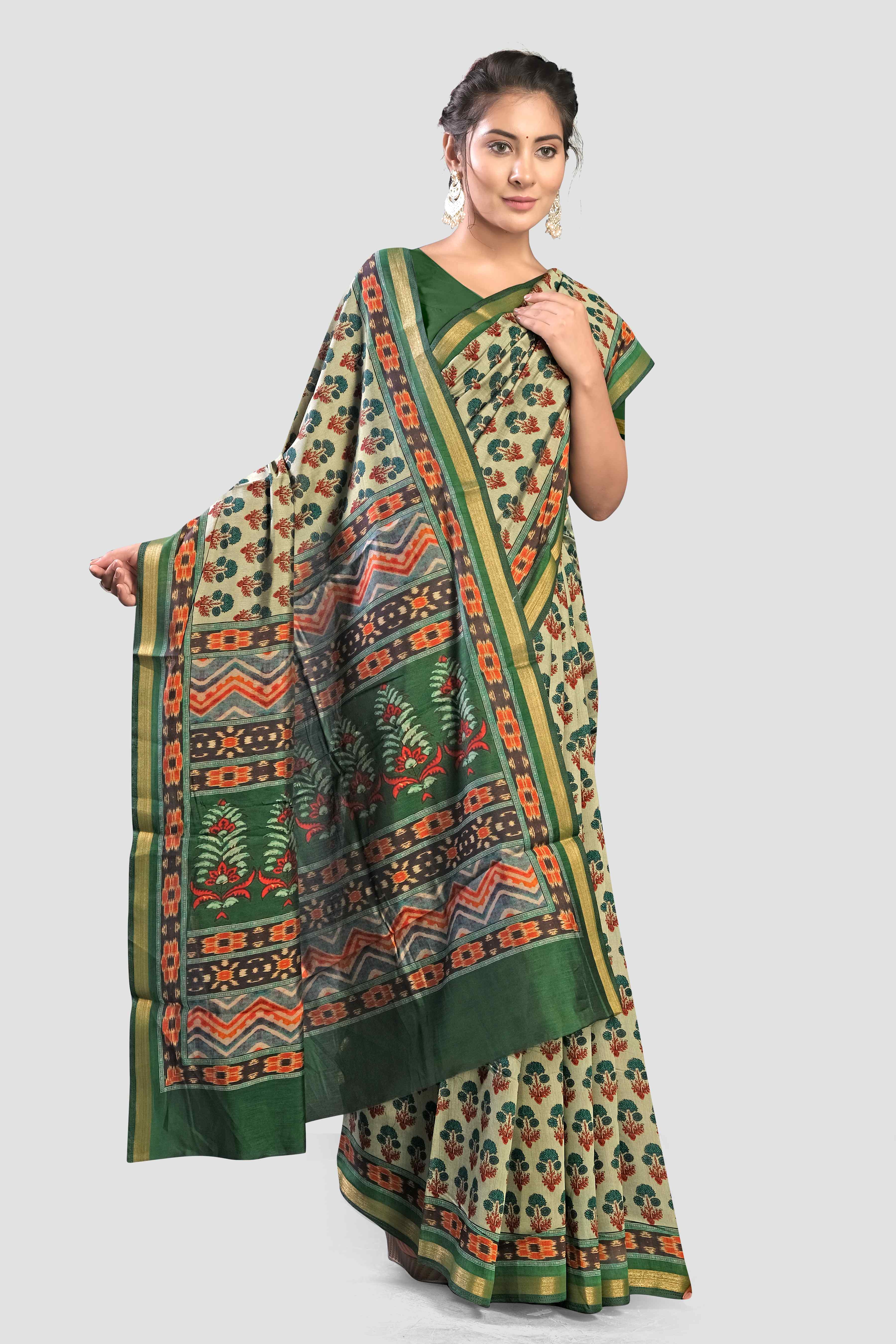 Grey Kalamkari print Cotton Saree 