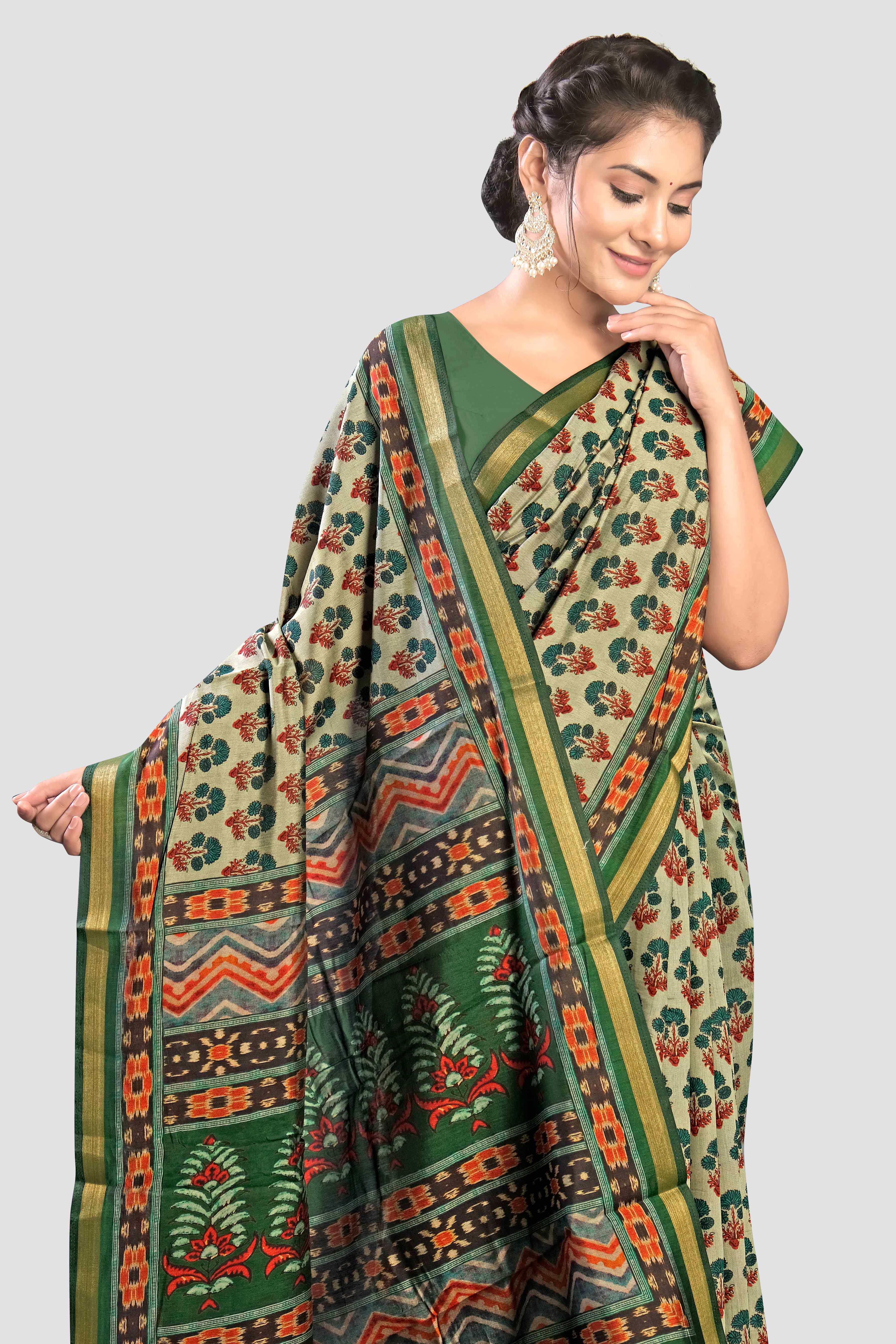 Grey Kalamkari print Cotton Saree 