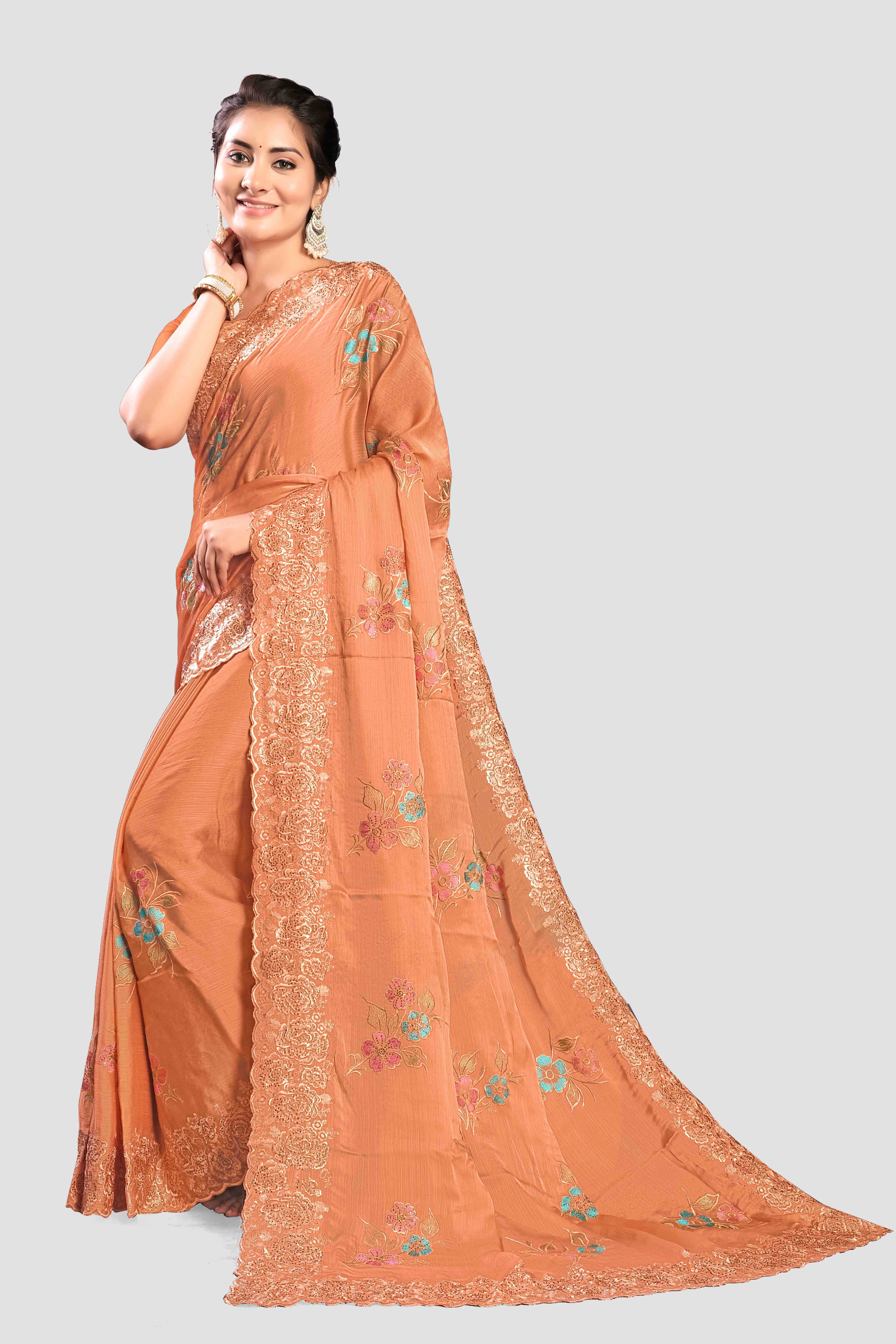 Orange Stonework Satin Silk Saree - KAJREE