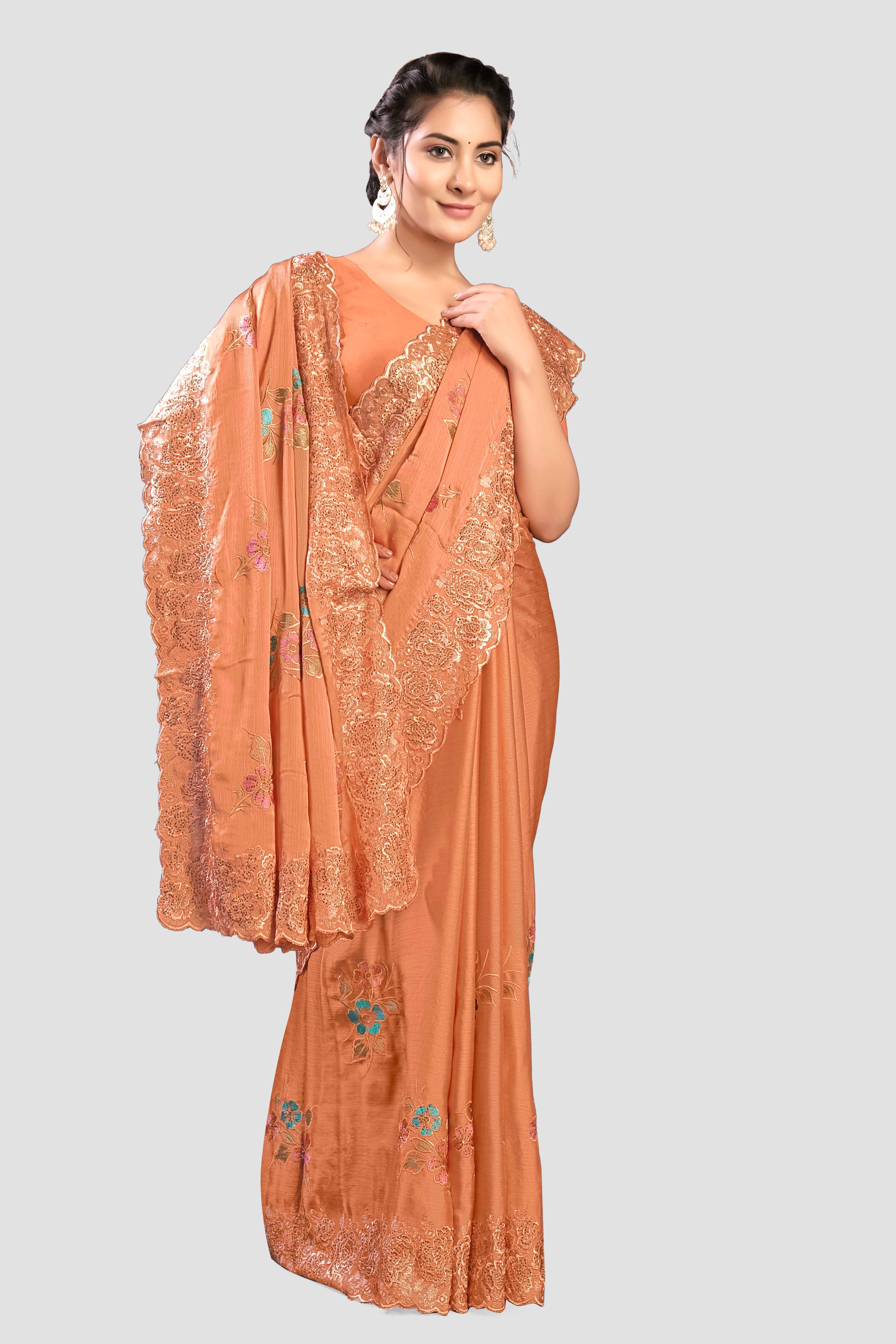 Orange Stonework Satin Silk Saree - KAJREE