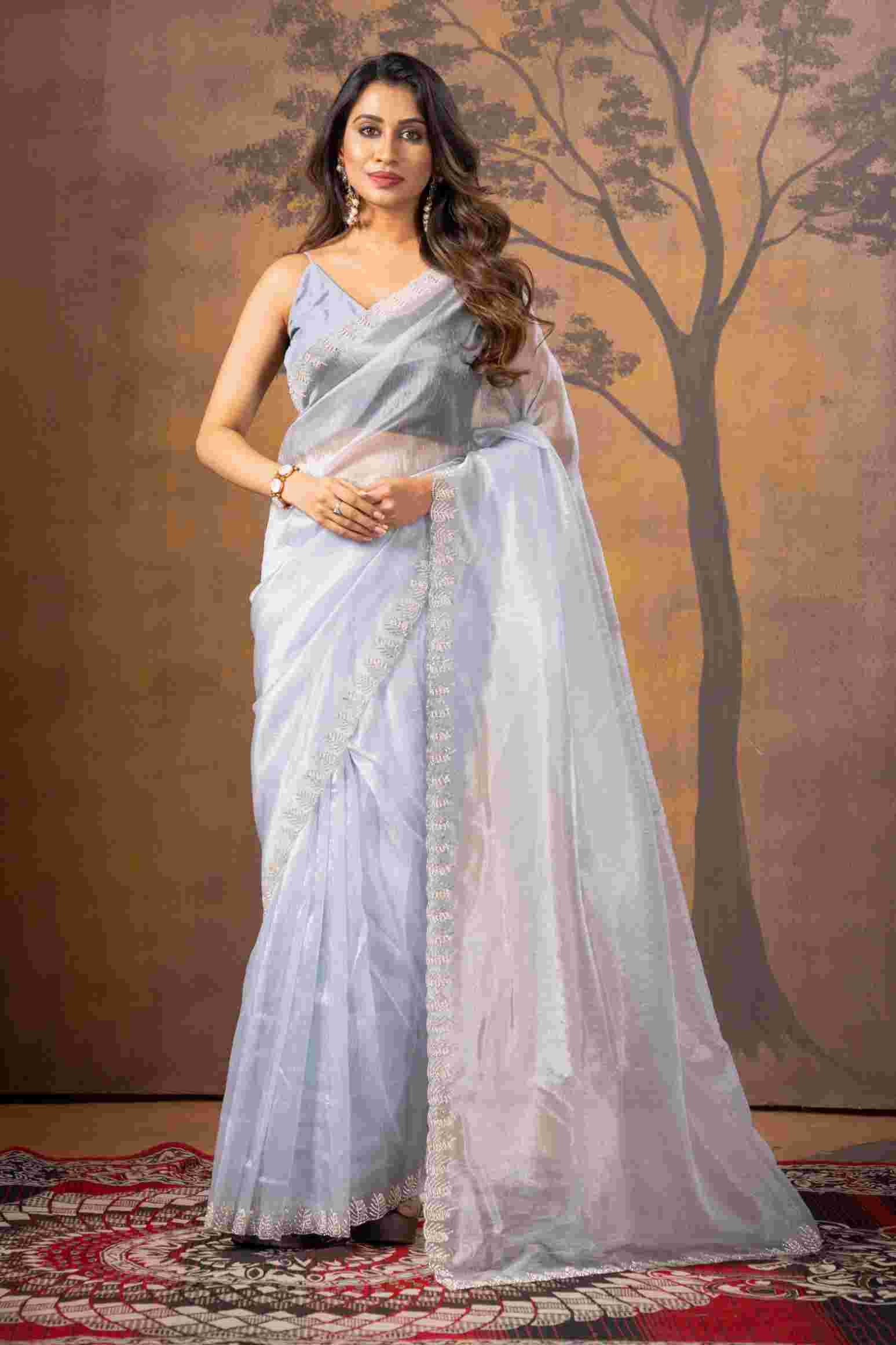 Sky Blue Stonework Net Saree - KAJREE
