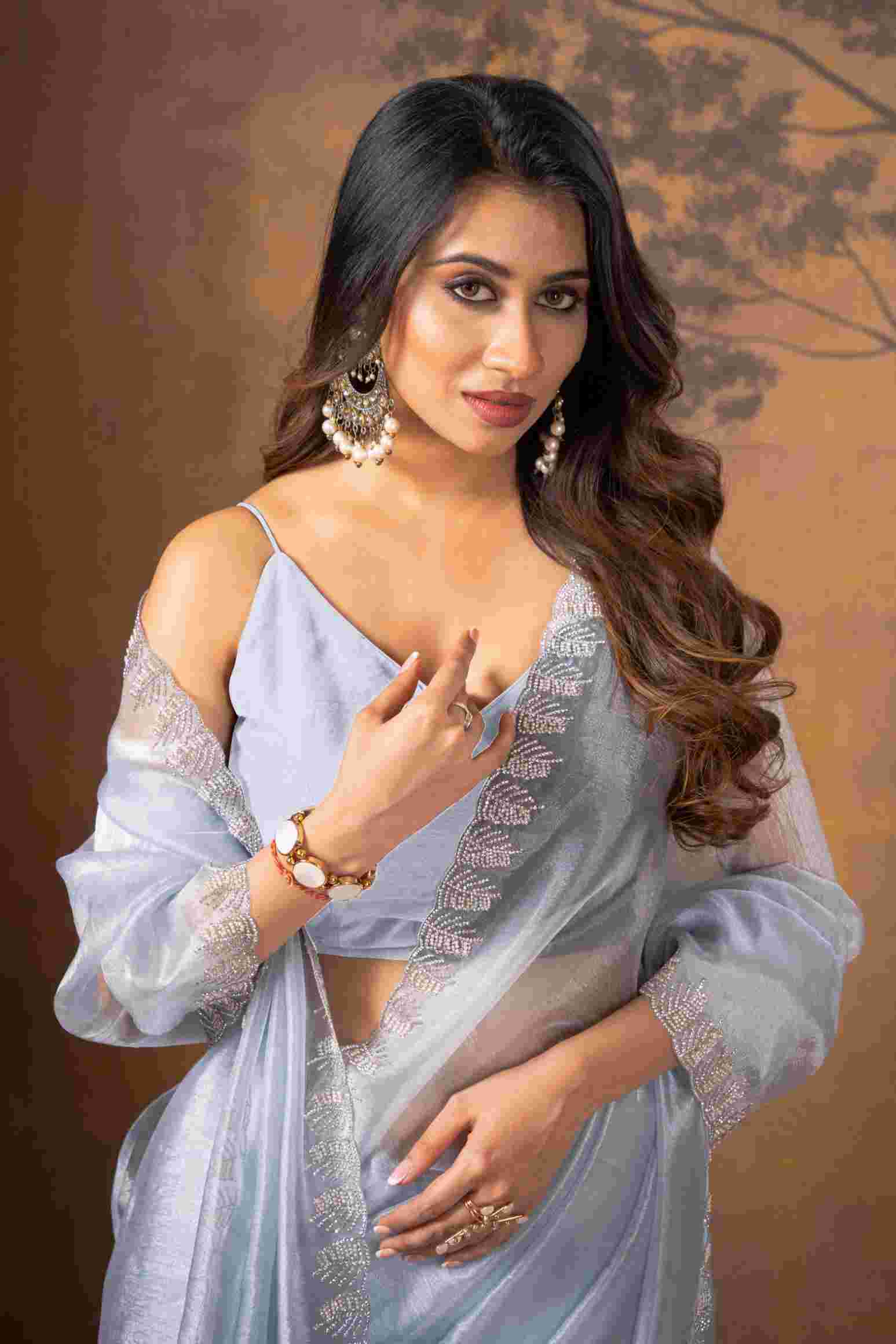 Sky Blue Stonework Net Saree - KAJREE