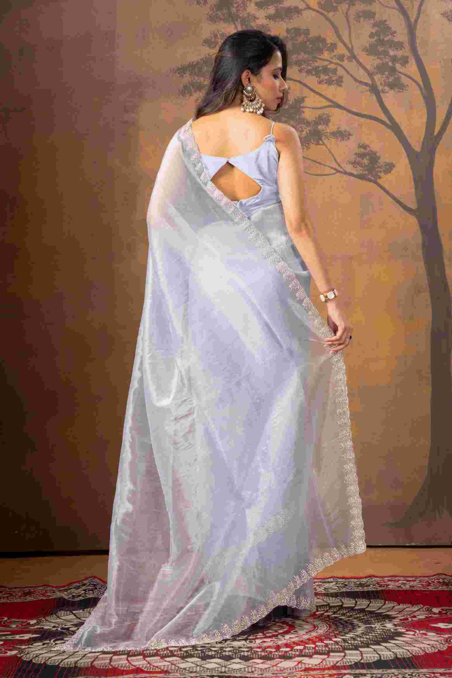 Sky Blue Stonework Net Saree - KAJREE