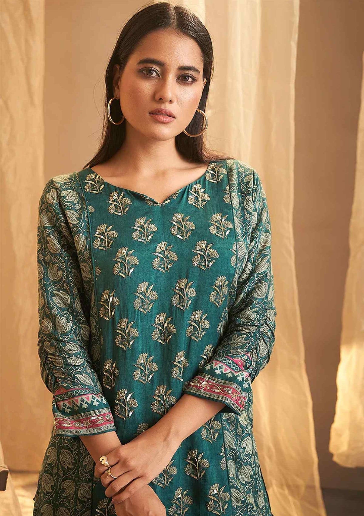 Green Block print handwork Silk Palazzo Set - KAJREE