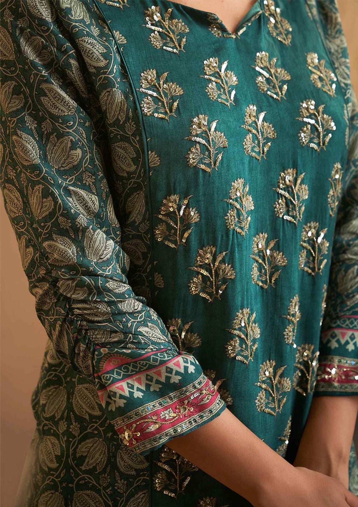 Green Block print handwork Silk Palazzo Set - KAJREE
