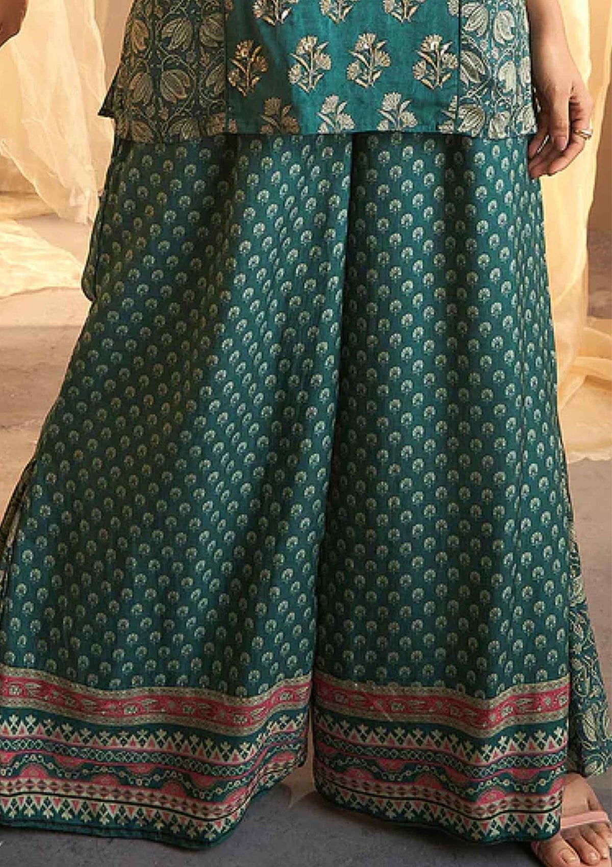 Green Block print handwork Silk Palazzo Set - KAJREE