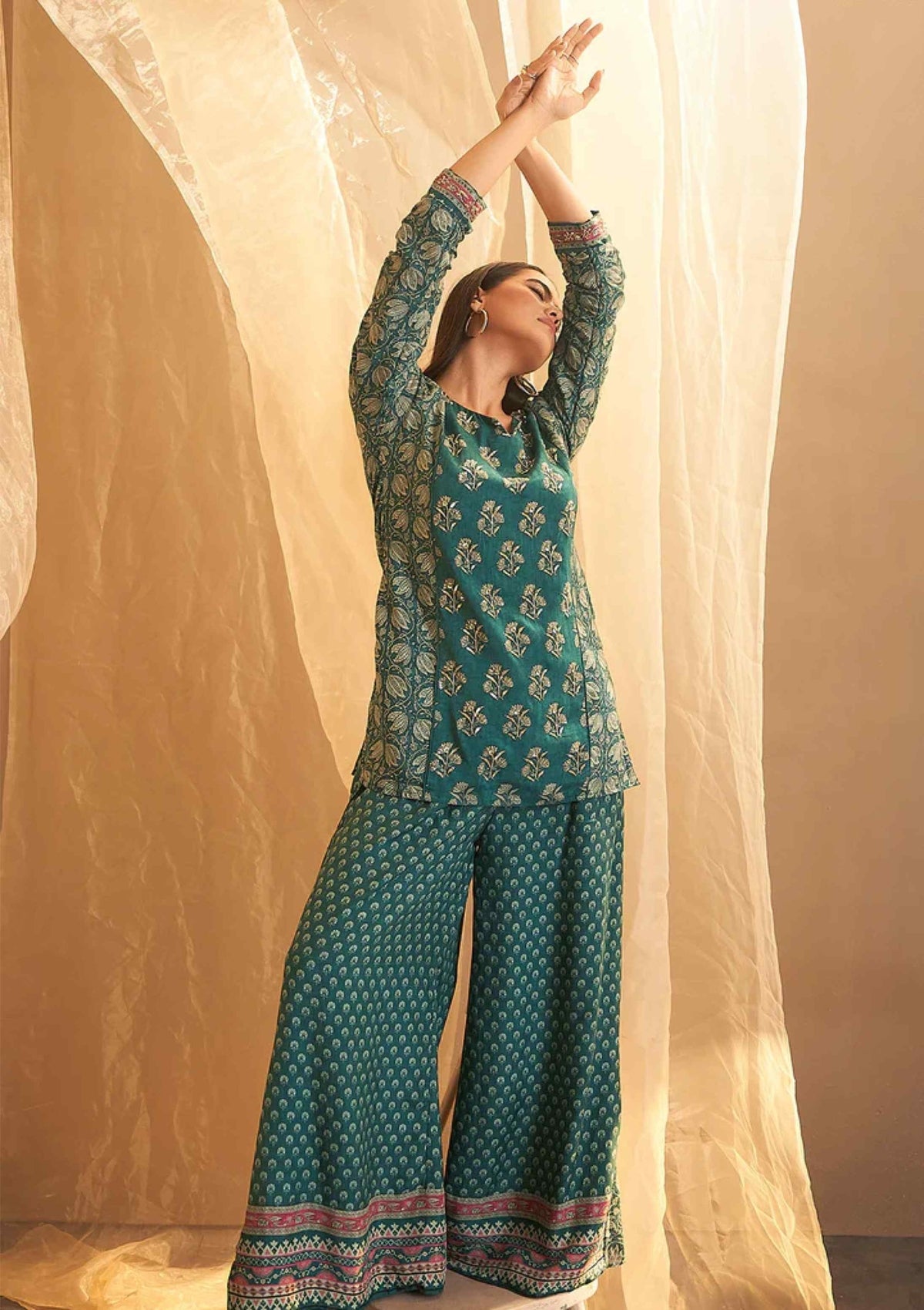 Green Block print handwork Silk Palazzo Set - KAJREE