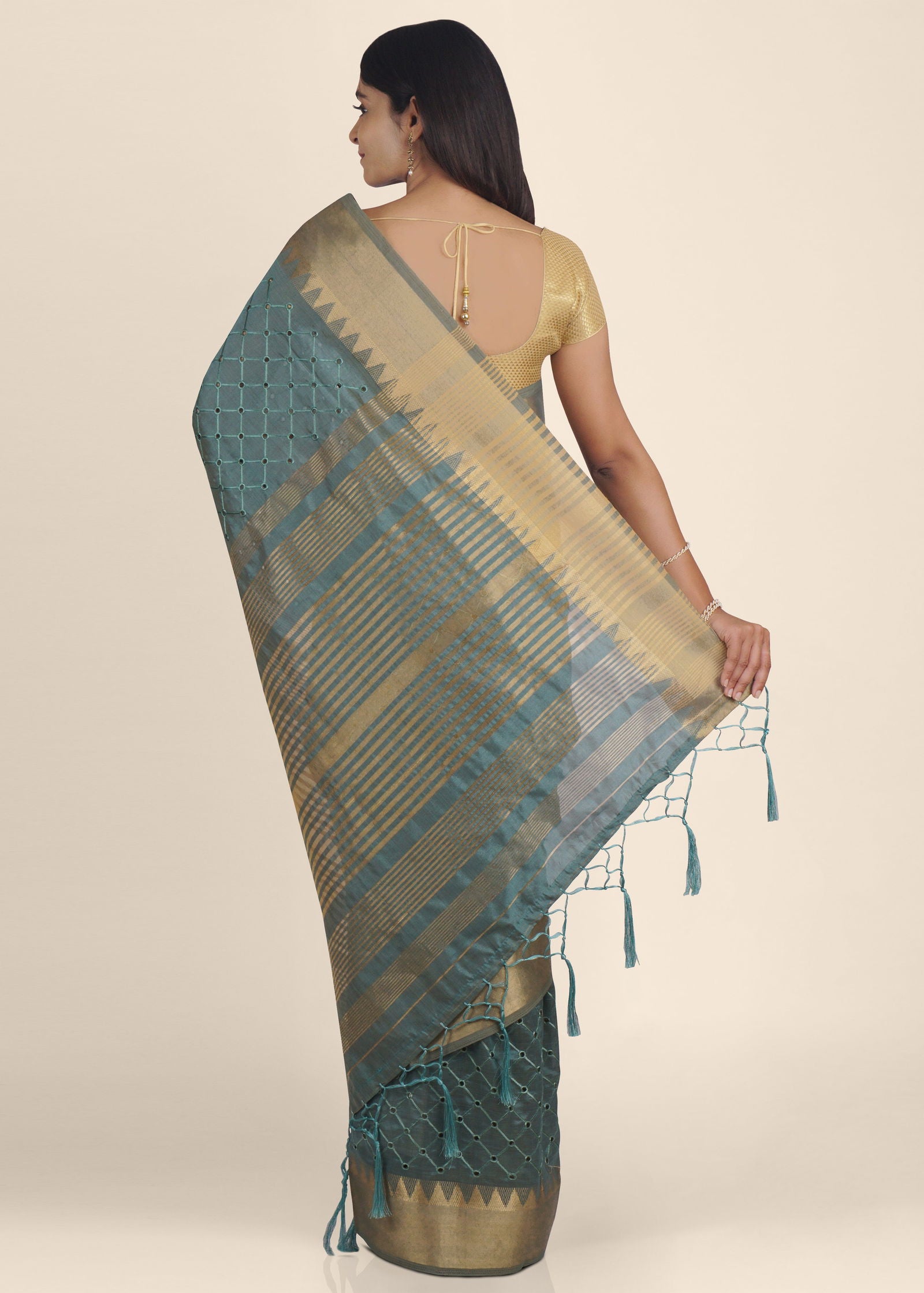 Rama Green Threadwork Linen Saree - KAJREE