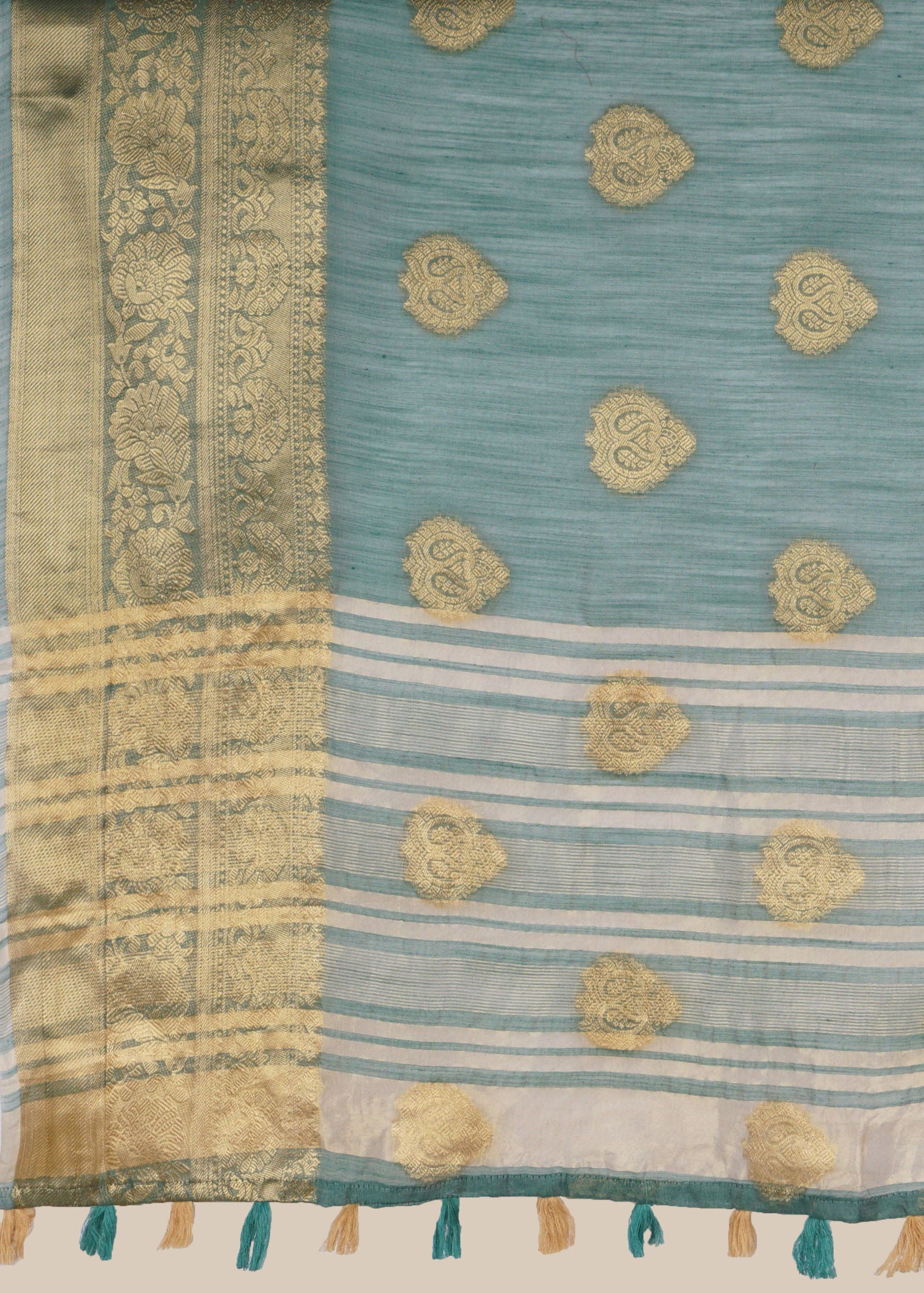 Rama Green Foil Print Linen Saree - KAJREE