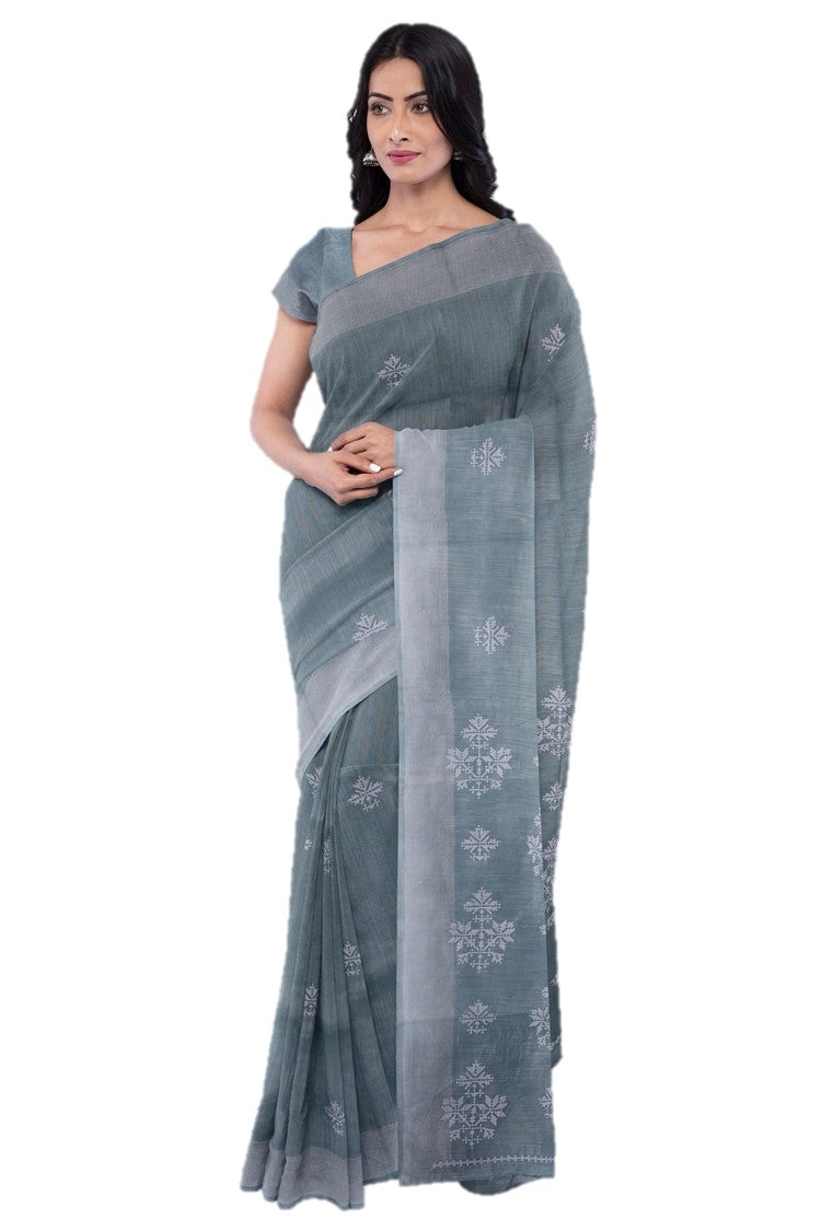 Stone Blue Threadwork Linen Saree - KAJREE