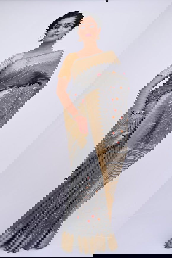 Grey Threadwork Linen Saree - KAJREE