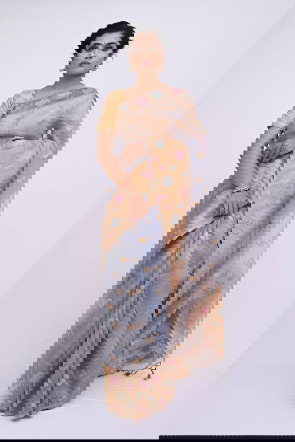 Grey Zariwork Organza Saree - KAJREE