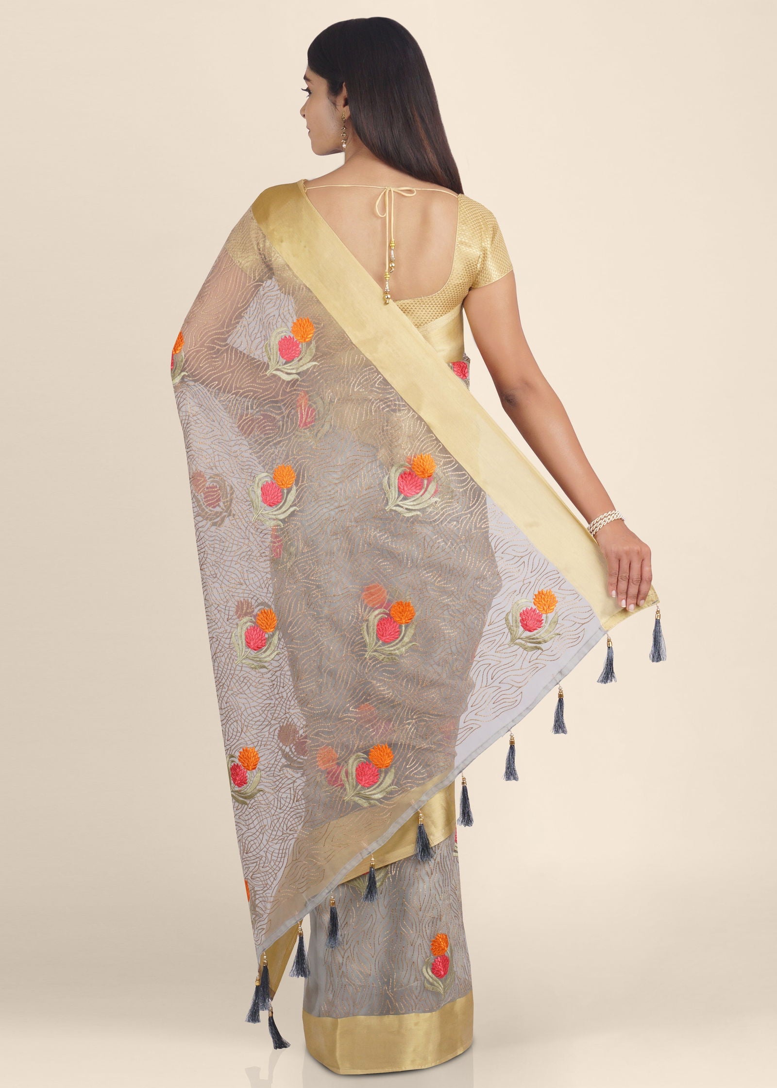 Grey Threadwork Organza Saree - KAJREE