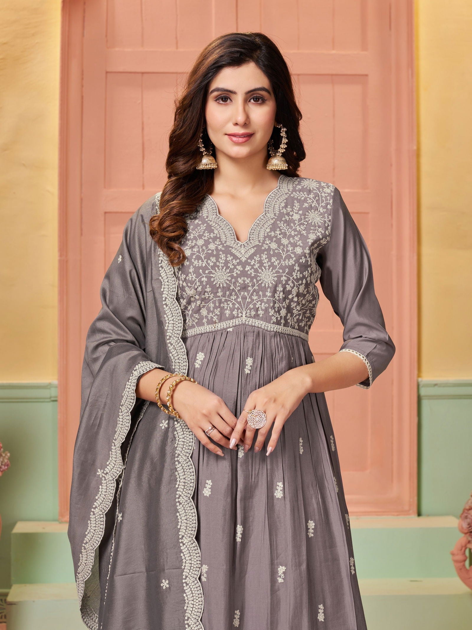 Grey Threadwork Silk Sharara Suit - KAJREE