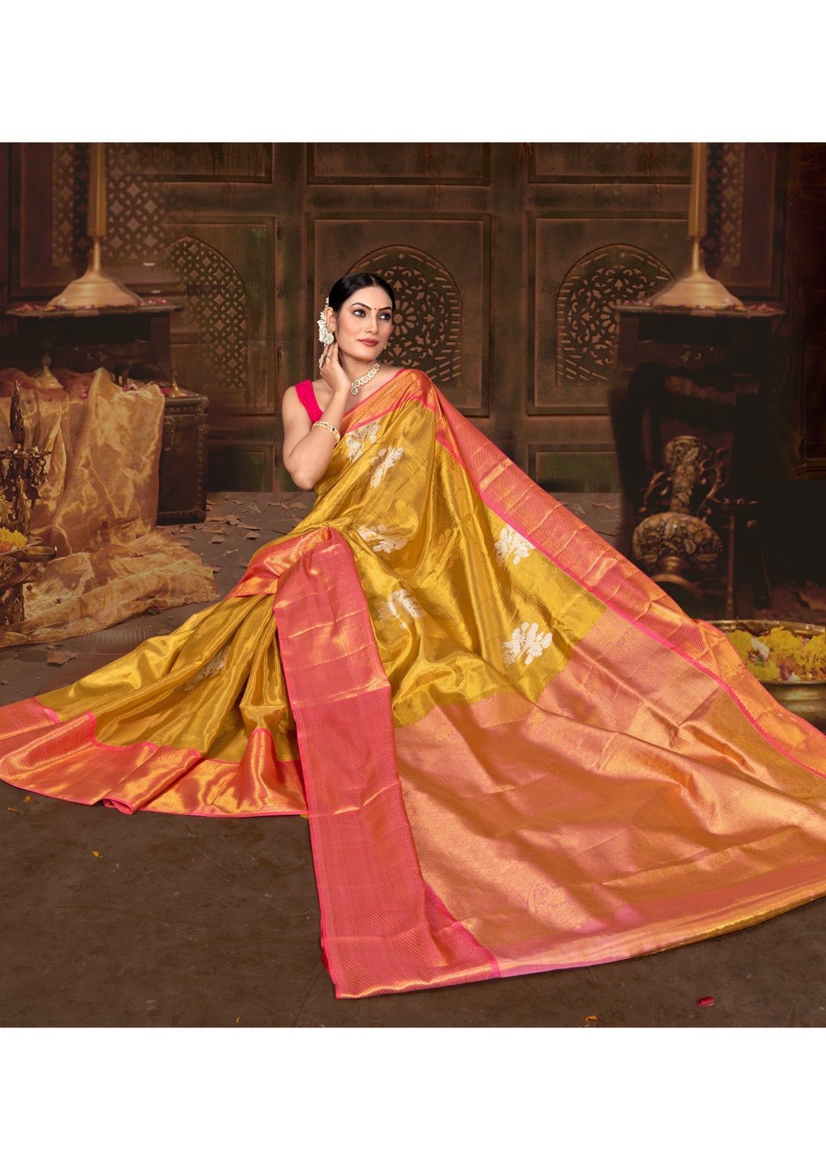 Yellow Zariwork and Kanjiwaram tissue Pure Silk Saree 