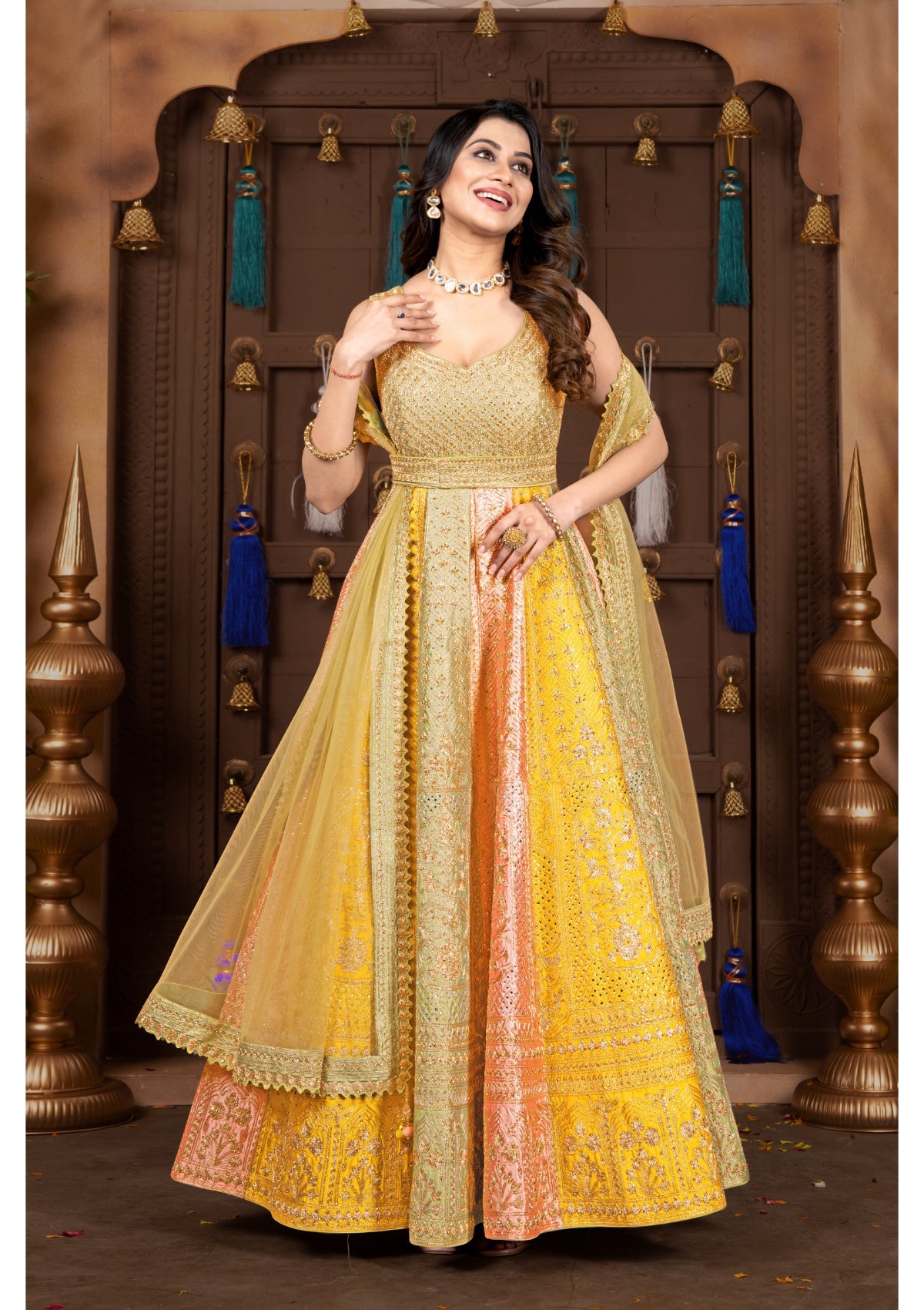 Multicolor stone work and pure Silk aari Lehenga 