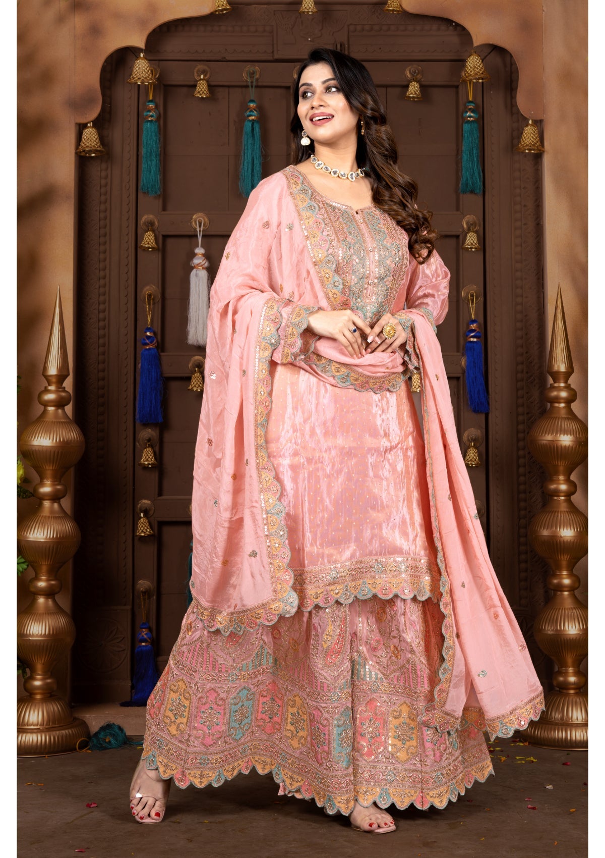Pink Stonework Silk Garara Set 