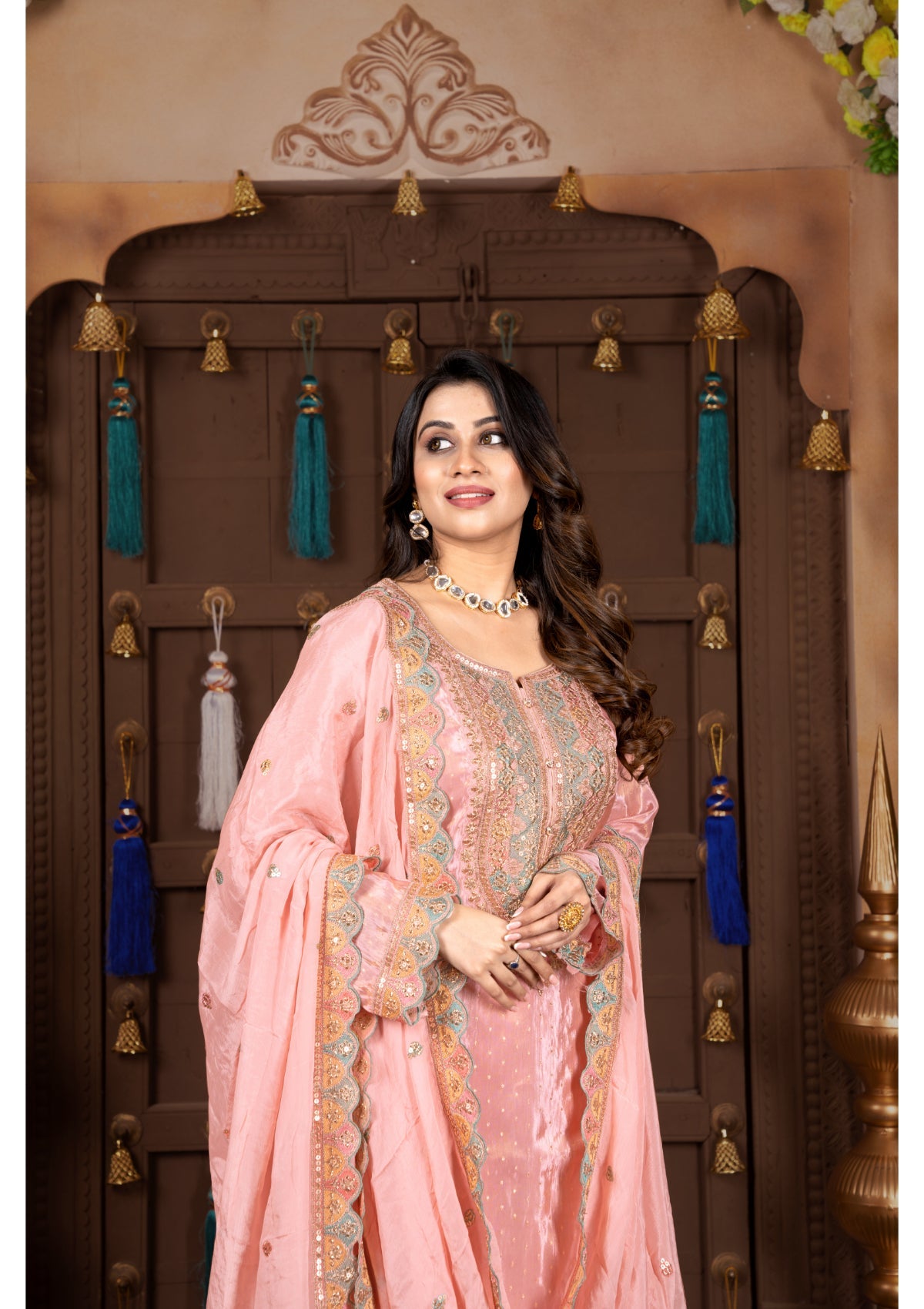 Pink Stonework Silk Garara Set 