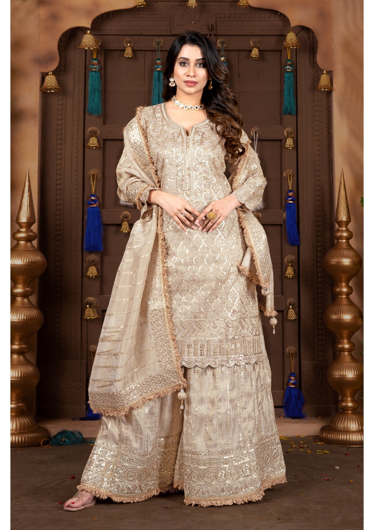 Golden Stone Handwork Silk Garara set 