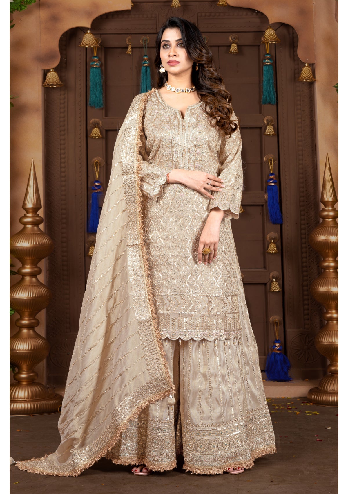 Golden Stone Handwork Silk Garara set 