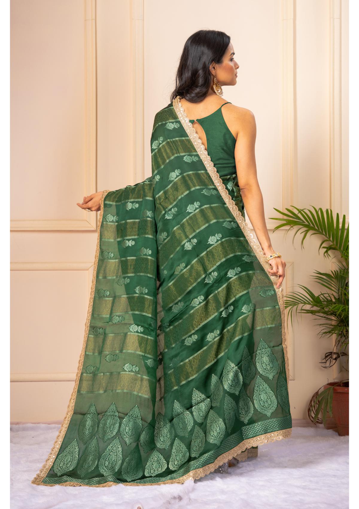 Bottle Green Zariwork Pure Silk Saree - KAJREE