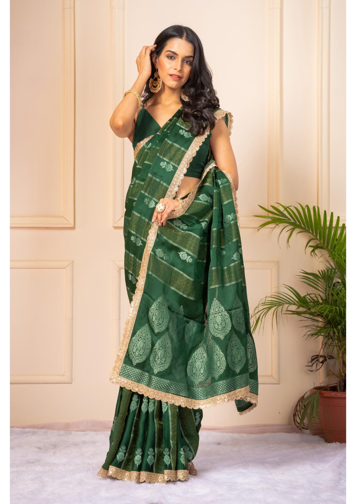 Bottle Green Zariwork Pure Silk Saree - KAJREE