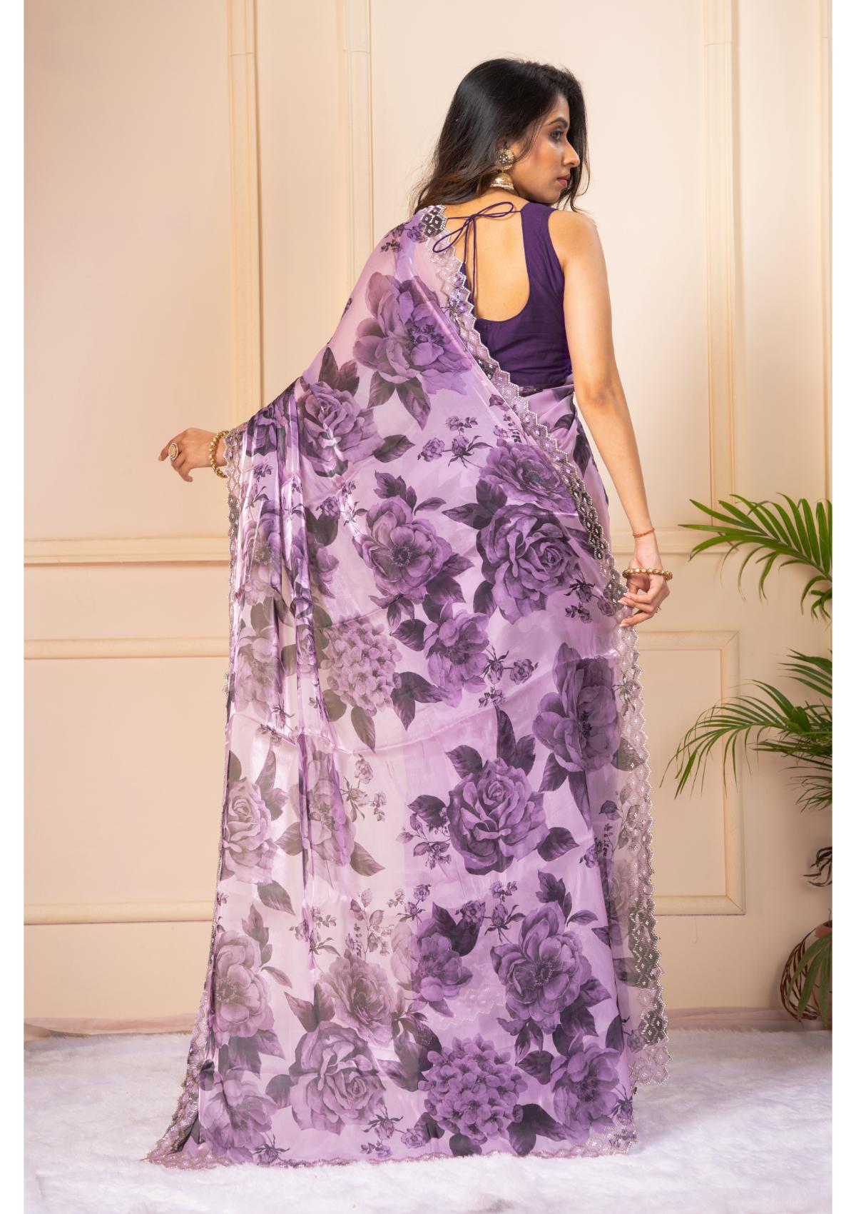 Purple Block print Stonework Silk Saree - KAJREE