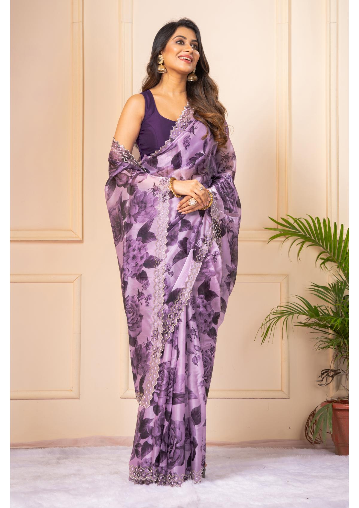 Purple Block print Stonework Silk Saree - KAJREE