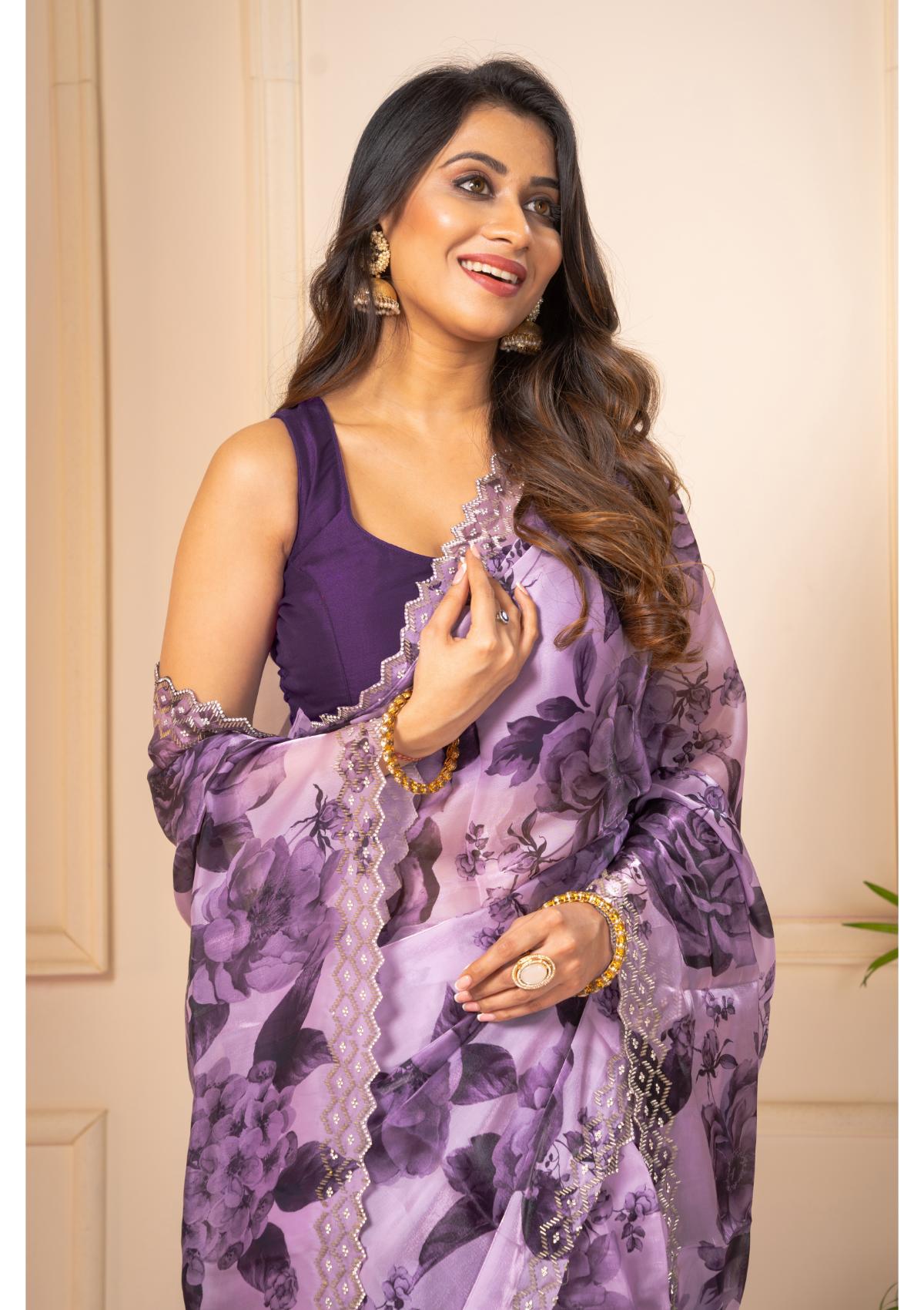 Purple Block print Stonework Silk Saree - KAJREE