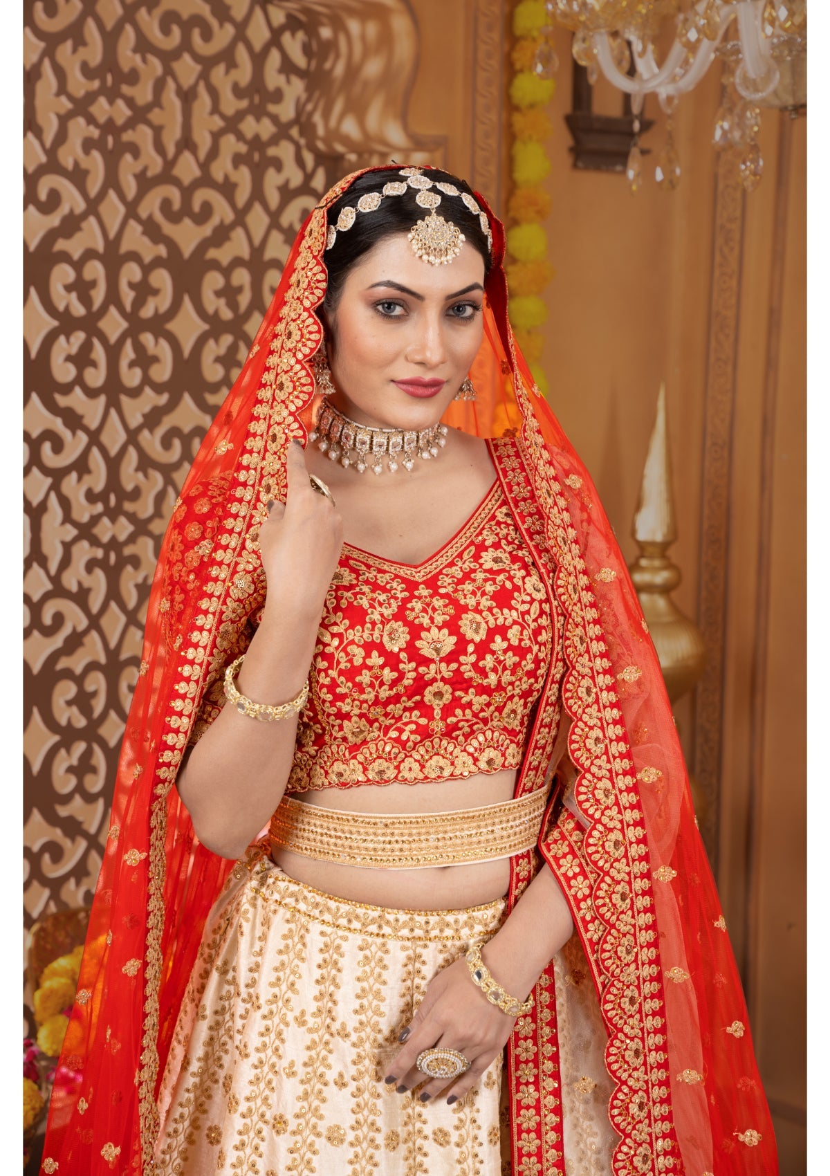 Red & Creme Jardosi Work Silk Lehenga 