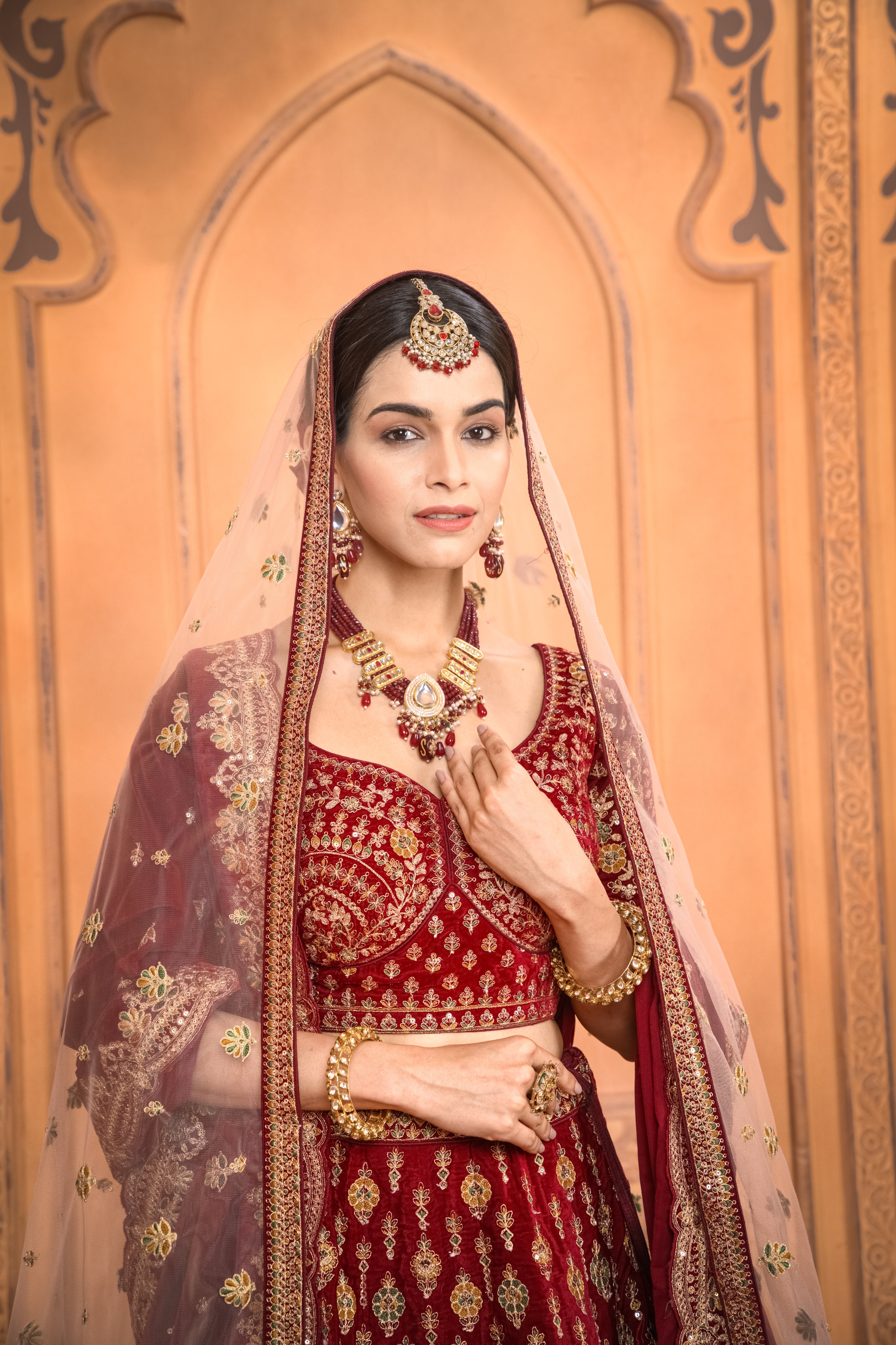 Maroon Jardosi work Velvet Bridal Lehenga Velvet 