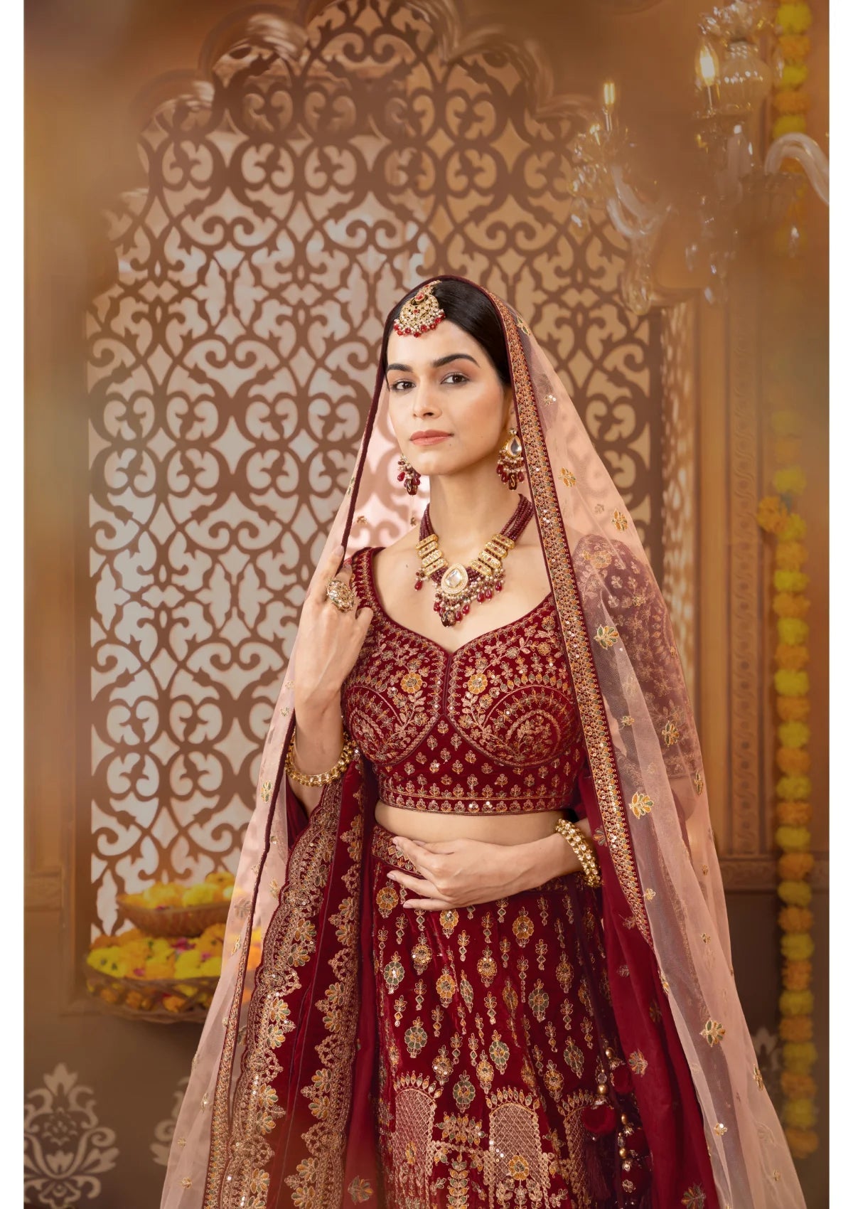 Maroon Jardosi work Velvet Bridal Lehenga Velvet 