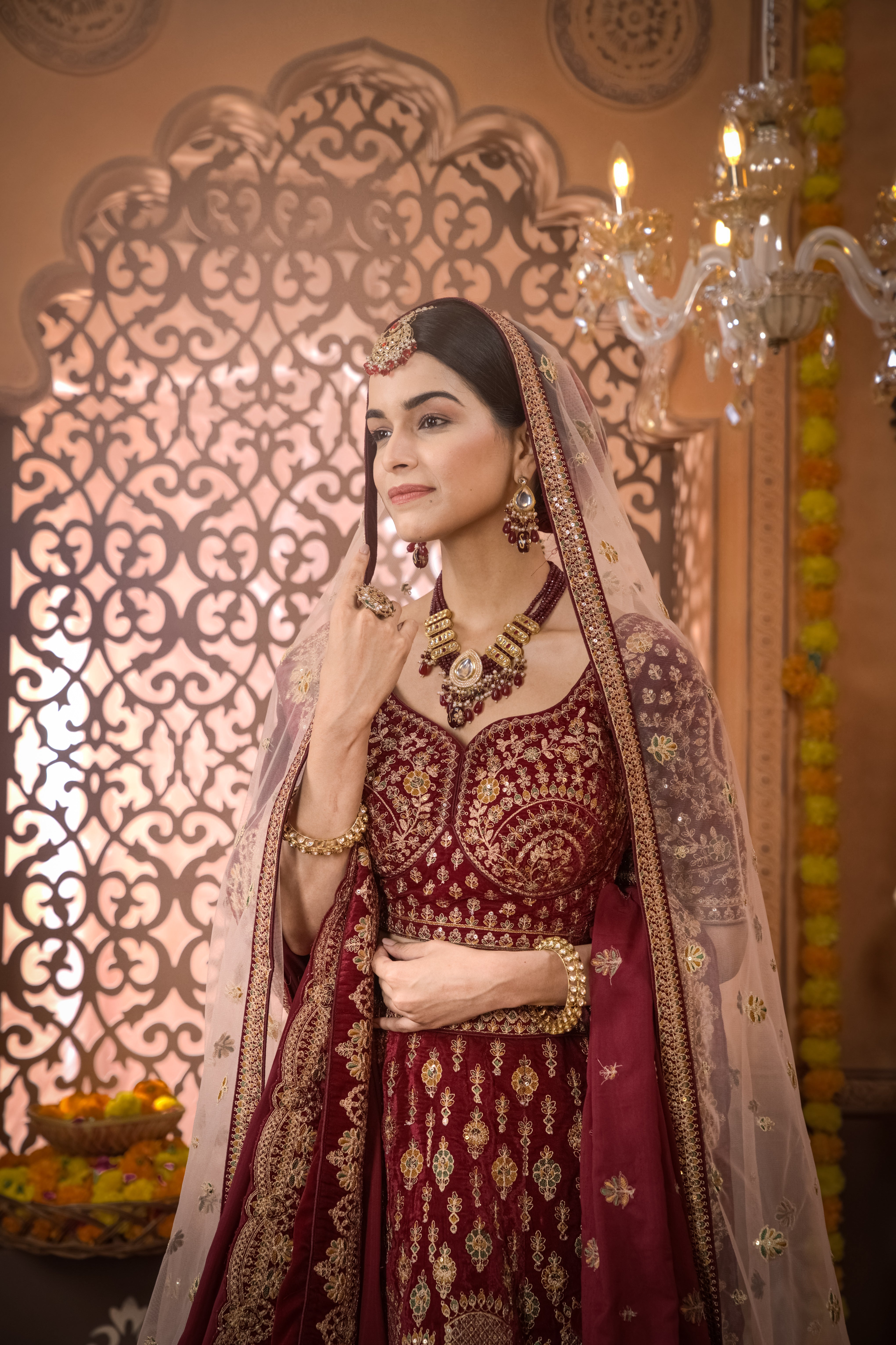 Maroon Jardosi work Velvet Bridal Lehenga Velvet 