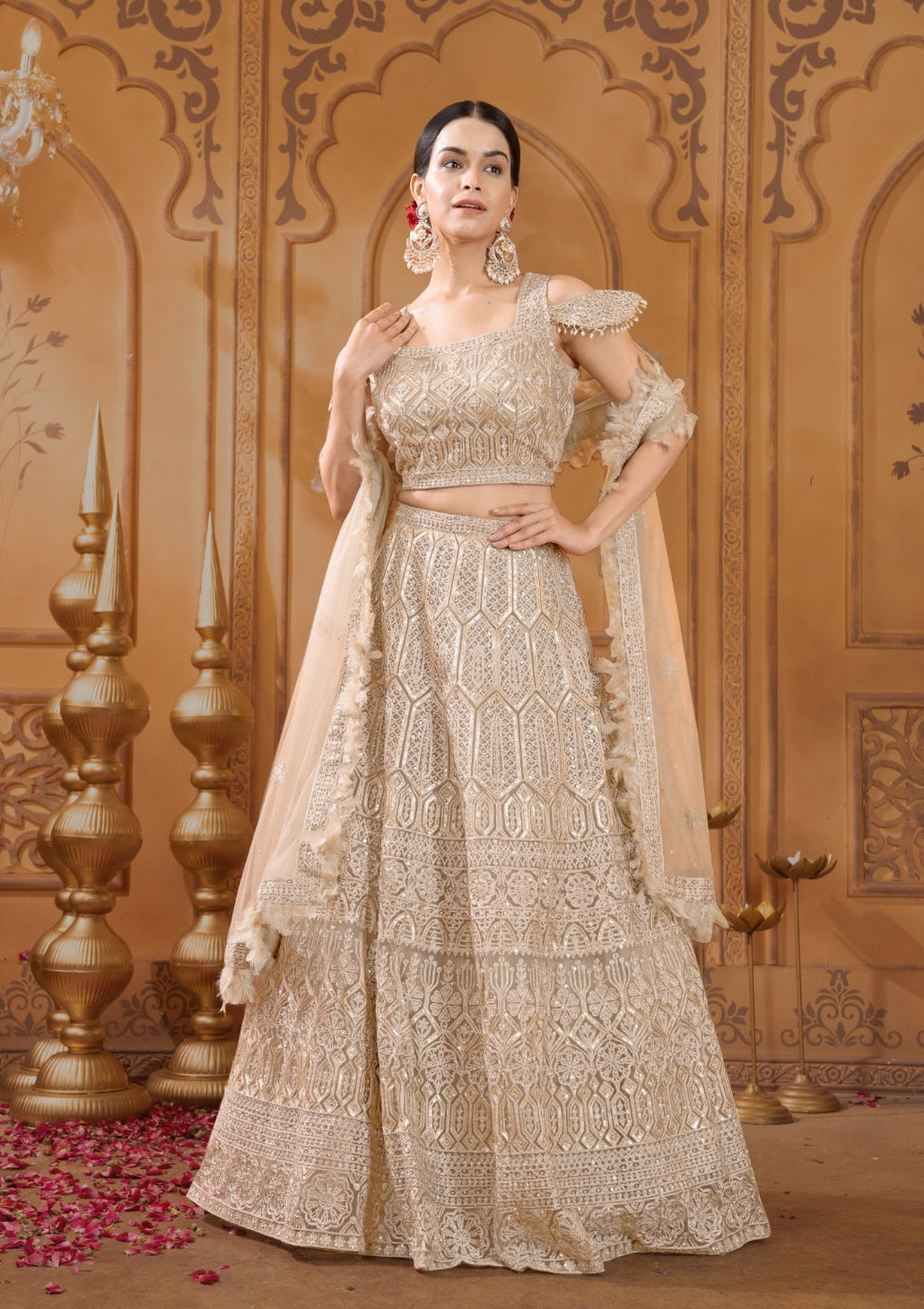 Golden Gottapati work Net lehenga set 
