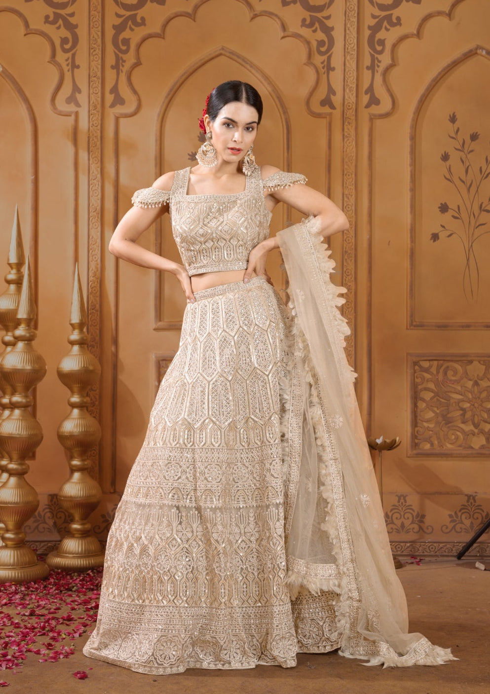 Golden Gottapati work Net lehenga set 