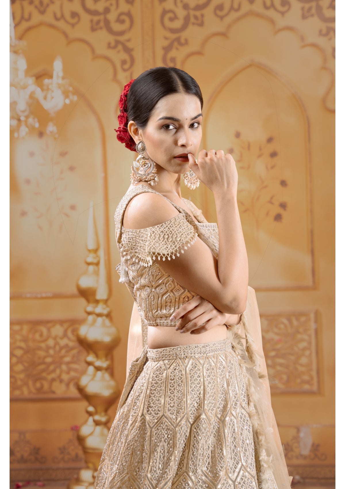 Golden Gottapati work Net lehenga set 